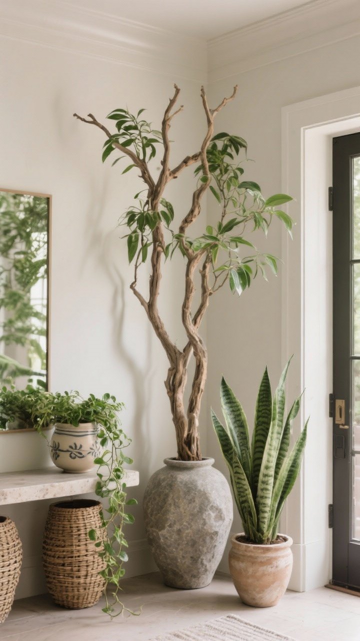 Photorealistic medium shot of greenery in a foyer corner: tall sculptural branches in a heavy stone vase for dramatic height beside the console, with a low-maintenance snake plant in a ceramic planter on the floor and a small pothos trailing from the console. Mix of ceramic, wicker, and stone planters to match varied vibes. Gentle natural light softening edges of walls and door frames.