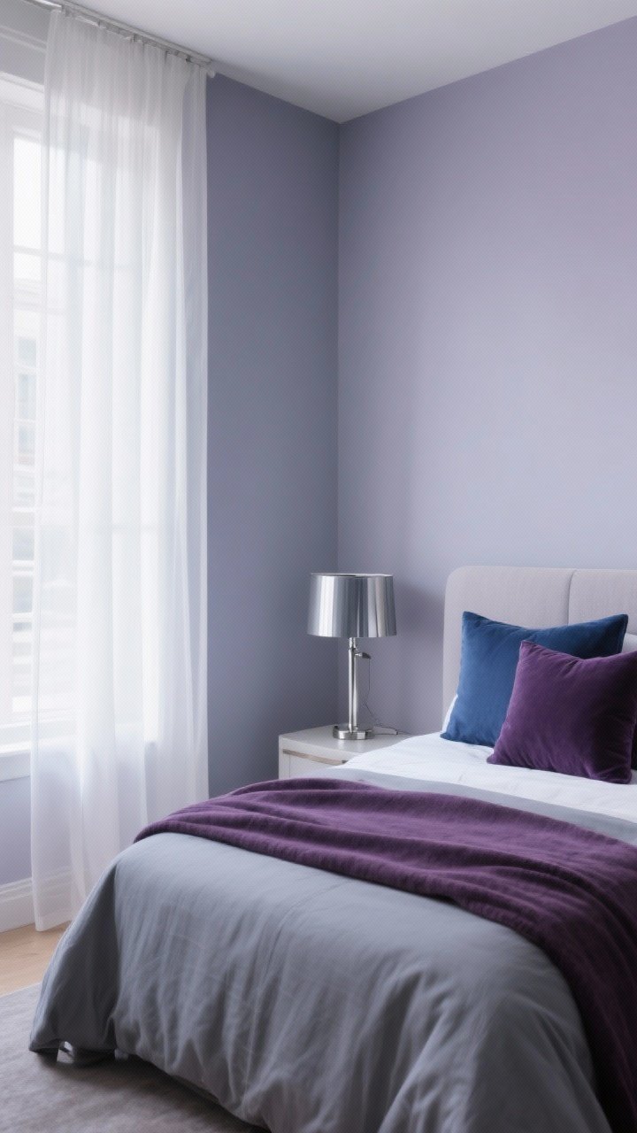 Photorealistic medium shot of lavender gray haze walls, airy daylight filtering through sheer white curtains; bed accented with ink blue and deep plum pillows/throw to ground the palette; brushed nickel or chrome bedside lamp reflecting cool tones; calm, creative mood; side angle capturing the whisper of color without overwhelming the room