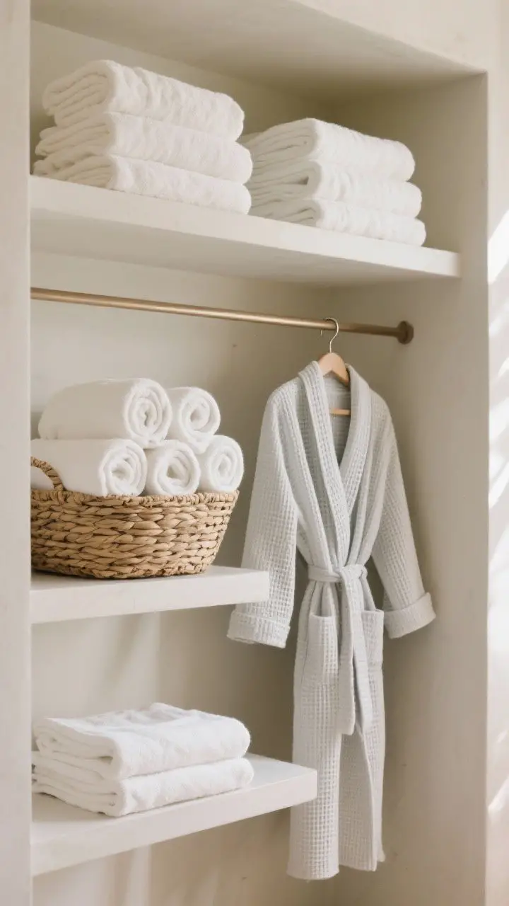 Photorealistic medium shot of neatly styled open shelving with spa-worthy textiles: thick plush white and cream Turkish/Egyptian cotton towels stacked and rolled in a woven basket, a pale grey waffle robe on a hook, and matching sets creating a tidy hotel look; soft daylight, neutral backdrop, emphasis on softness and texture