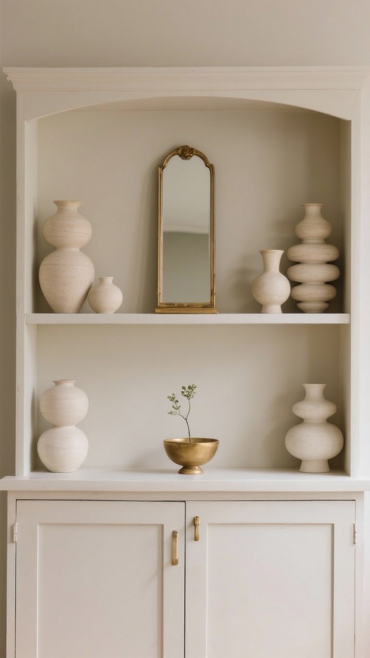 Photorealistic medium shot of one hutch shelf styled with symmetry, then subtly broken. Center a tall object or framed artwork, mirror-balanced stacks or similar vases on both sides, and add a small off-center bud vase or little bowl to introduce asymmetry. Clean lines, neutral ceramics with a touch of brass. Soft diffused lighting, straight-on frontal composition to emphasize balance with a tiny twist.