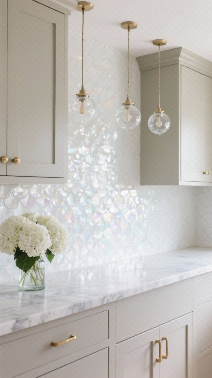 Photorealistic medium shot of pearlescent white fish scale (mermaid) tiles forming a softly reflective backsplash, capturing light movement. Greige cabinetry with brushed brass pulls and a marble-edge quartz counter aligning with the tile’s gleam. Delicate glass globe pendants overhead and a vase of white hydrangeas on the counter. Airy, upscale coastal vibe with gentle highlights.