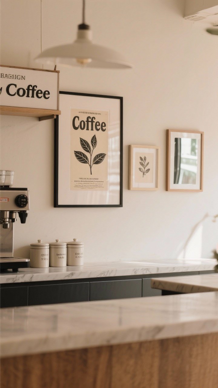 Photorealistic medium shot of personalized art and signage above a coffee bar: a thin black-framed vintage coffee ad, a minimal line drawing of a coffee plant, and a small frameless mirror arranged as a mini gallery wall. Art sits slightly above eye level with one print casually layered behind ceramic canisters. Neutral wall, warm daylight bounce, straight-on view, sophisticated, grown-up vibe.