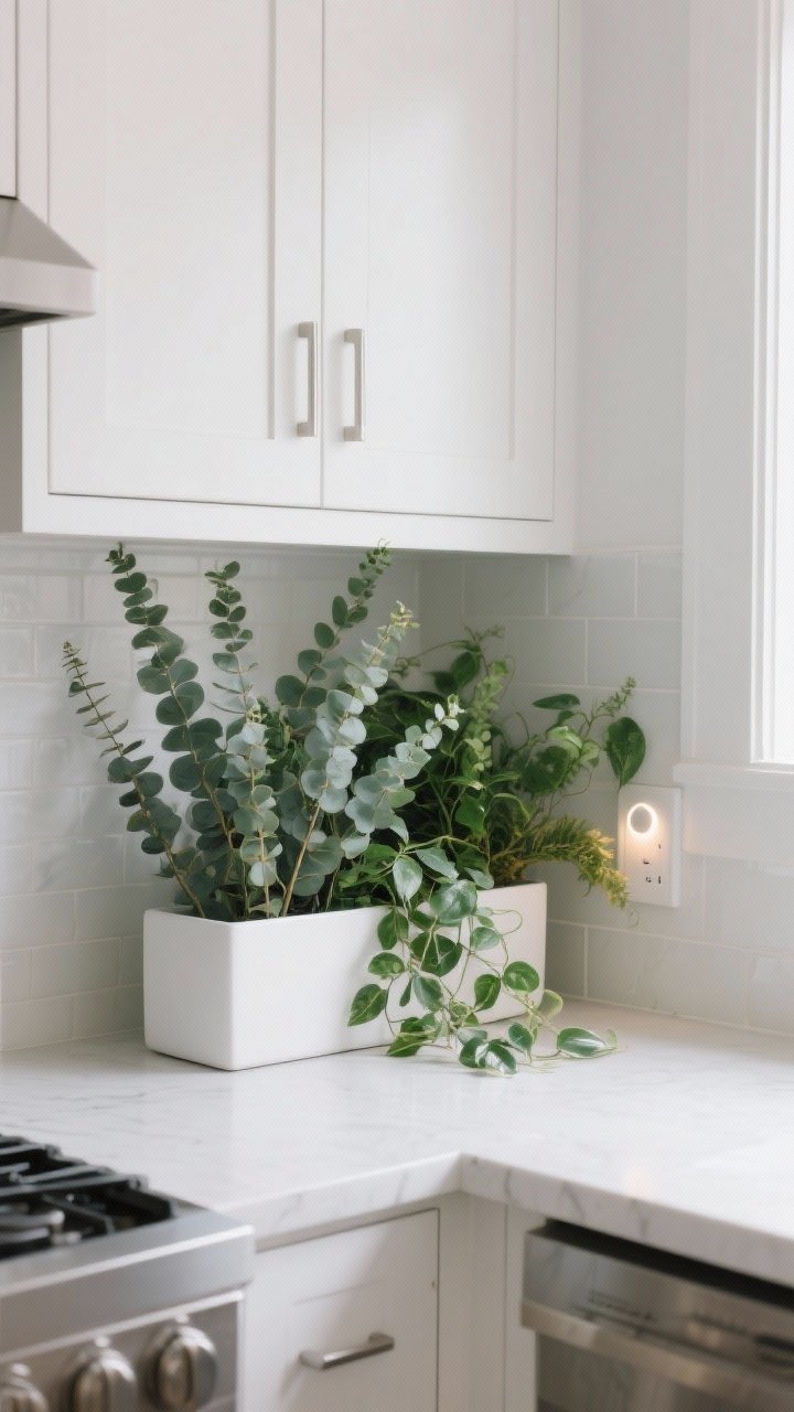 Photorealistic medium shot of the space above white shaker kitchen cabinets styled with a lush mix of greenery: tall faux eucalyptus stems in slim rectangular matte white planters paired with trailing pothos and ivy cascading over the edges; smooth, wipeable leaves. A discreet battery-powered puck light tucked behind the foliage adds a soft nighttime glow. Natural light from the side, clean lines, minimal backsplash, no people.