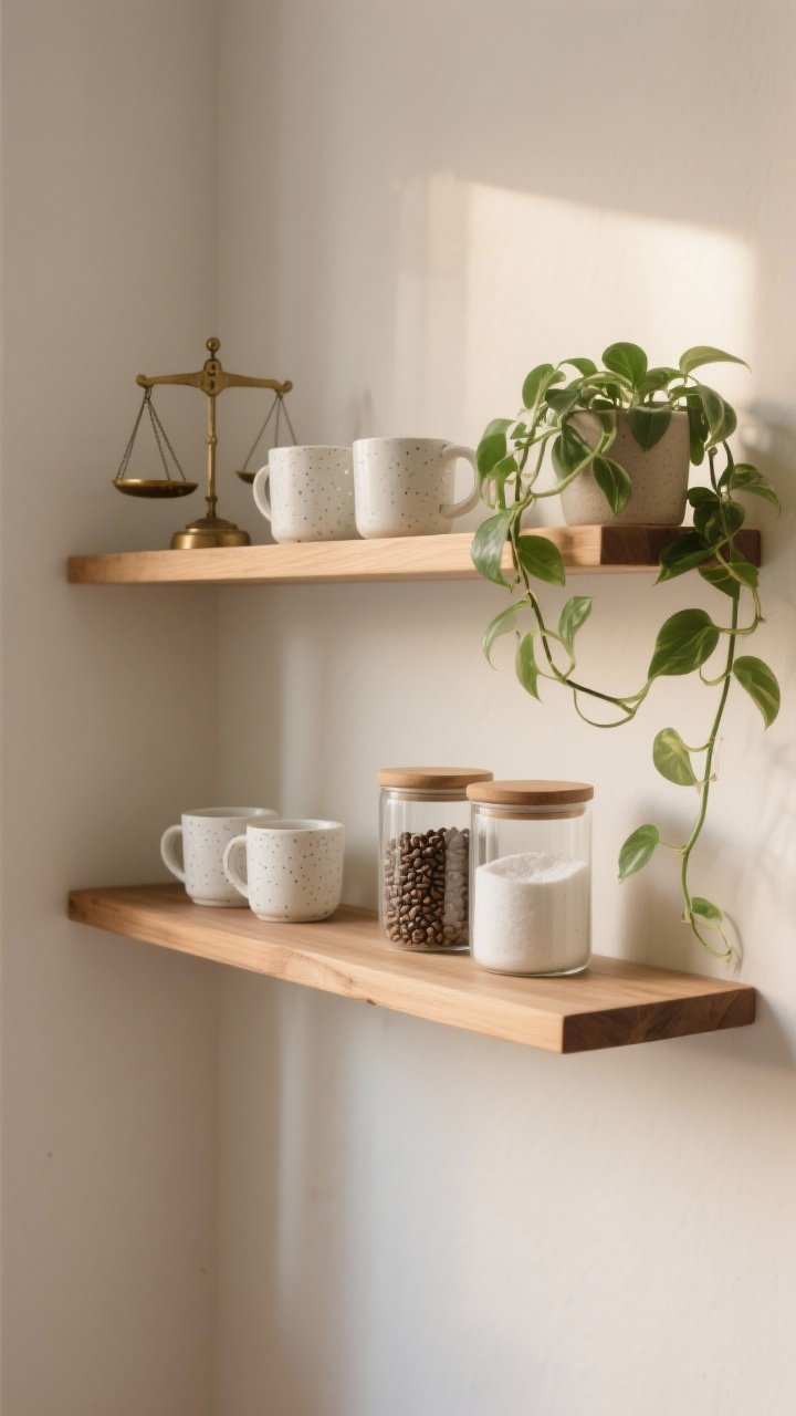 Photorealistic medium shot of two floating oak shelves styled with intention: a small cohesive set of matte white and speckled stoneware mugs, glass and ceramic canisters for beans, sugar, and tea, one trailing pothos draping off the edge, and a vintage brass scale as the decorative anchor. Two-thirds of each shelf filled with breathing room, neutral wall, warm natural light, slight corner angle to show depth, clutter-free.