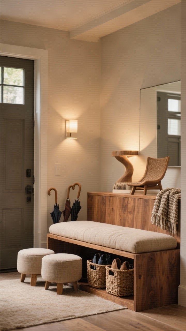 Photorealistic medium shot of usable foyer seating: a cushioned bench in warm wood with a neutral upholstered seat, baskets stashed beneath for shoes and umbrellas. Nearby, two small ottomans tuck under a console, ready to slide out. Add a sculptural side chair with a textured throw for softness. Warm ambient light, corner angle showing practical placement near the door.