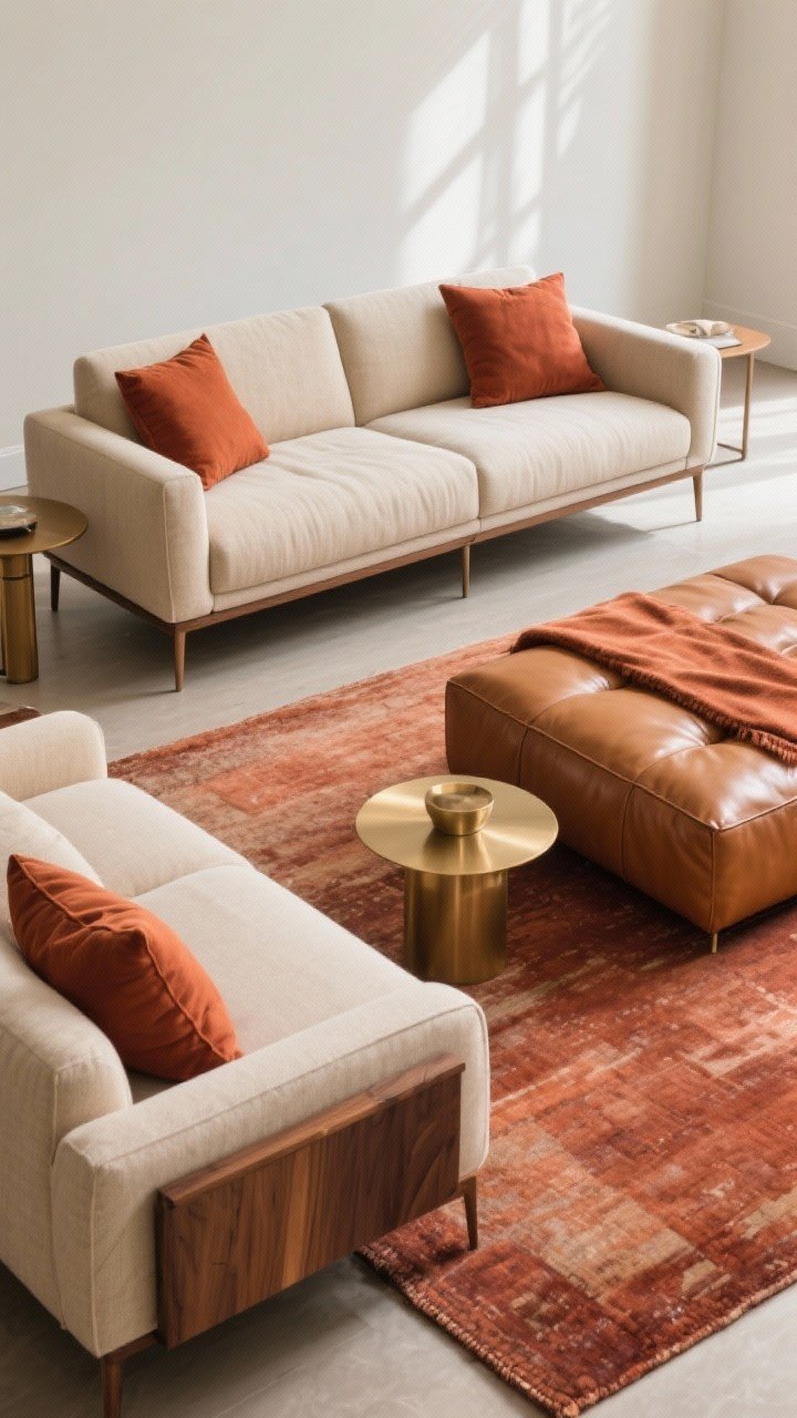 Photorealistic medium shot showcasing eclectic pairing: one structured modern track-arm sofa in beige linen opposite a looser, cushy caramel leather sofa; cohesive color story with beige + caramel + rust accents; equal visual weight achieved with the leather sofa’s slim legs and the fabric sofa’s slimmer arms; repeating elements in wood tone and brushed brass finishes on a shared coffee table and side table; matching rust throw pillows across both couches and a shared rust throw; one large area rug grounding both; soft daylight, three-quarter angle