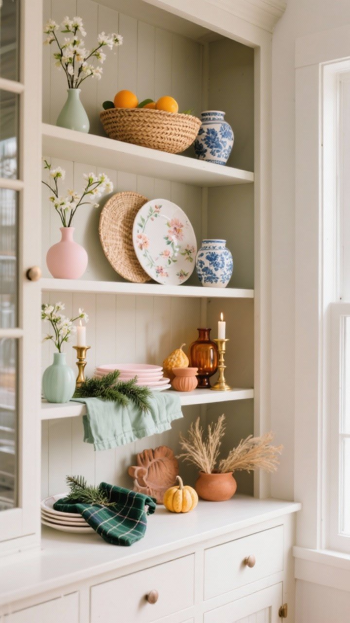 Photorealistic medium shot showing seasonal swaps on a neutral-base hutch. Spring accents: pastel bud vases, floral plates, and soft blush or sage linen. Summer shelf: citrus bowl, rattan accents, blue-and-white pottery. Fall shelf: amber glass, terracotta pieces, tiny gourds or dried grasses. Winter shelf: brass candlesticks, evergreen sprigs, deep green or plaid napkins. Maintain consistent core pieces; vary small accents. Natural light with a gentle seasonal mood, angled from the corner.