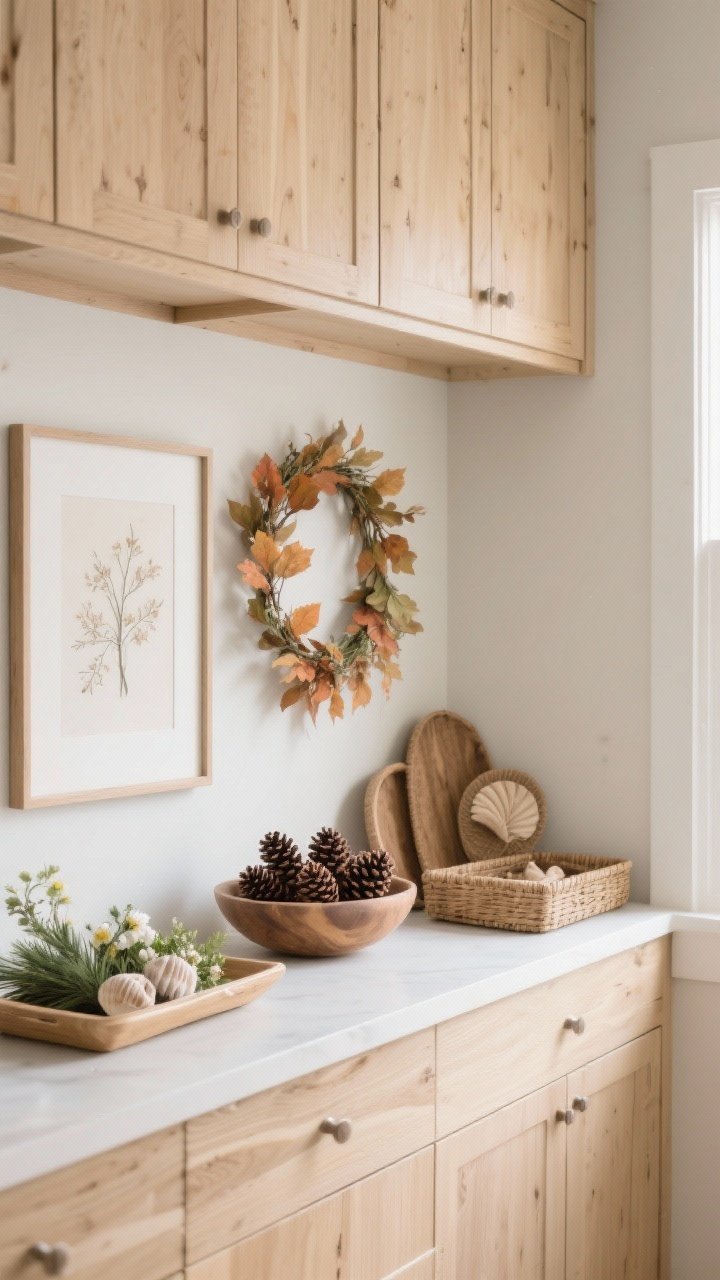 Photorealistic medium shot showing subtle seasonal styling above light oak cabinets: neutral base of trays, baskets, and a simple framed print, with seasonal accents swapped in—delicate fall foliage garland and a bowl of pinecones (or alternate sets for other seasons like winter greenery, spring florals, or summer shells). Cohesive palette with one or two seasonal colors. Corner angle, gentle daylight, uncluttered and modular.