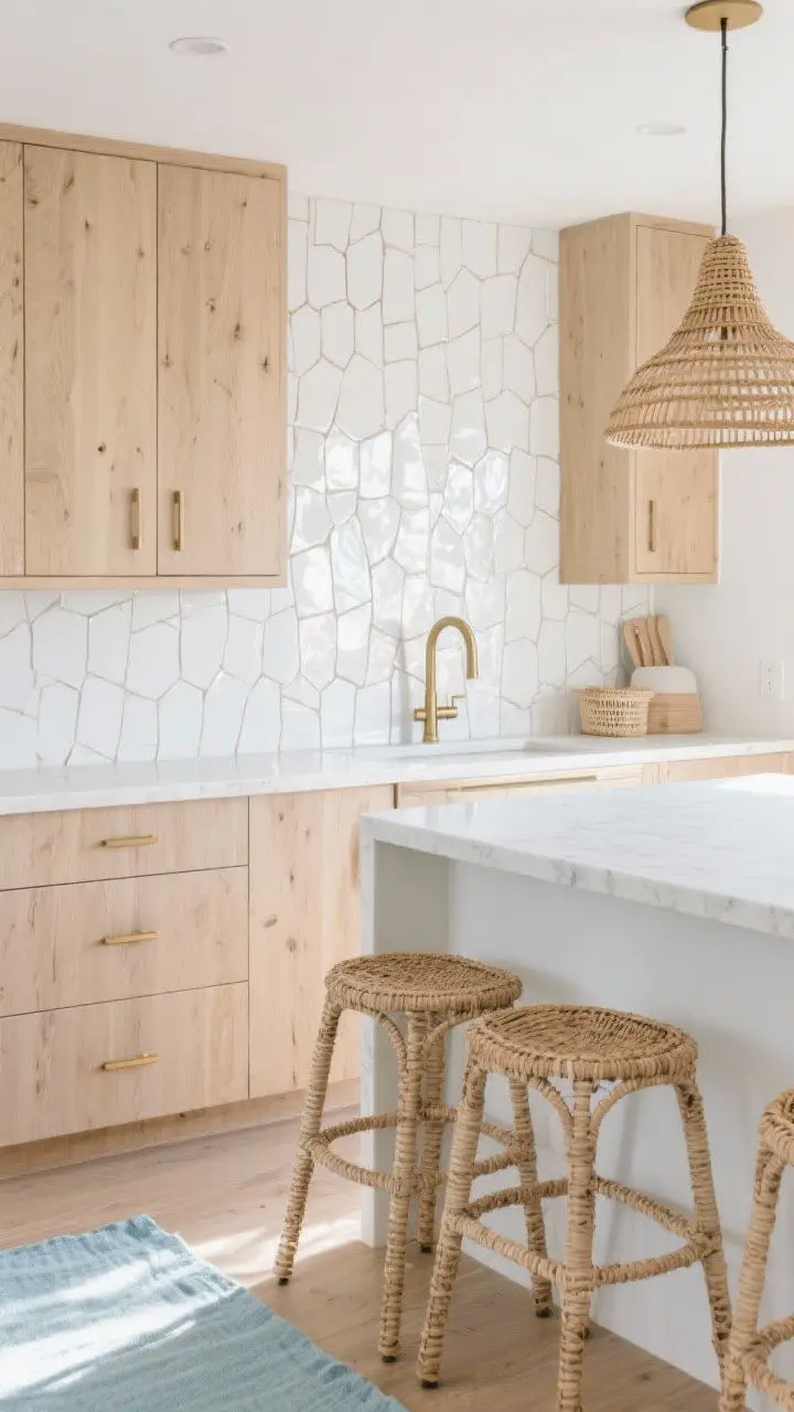 Photorealistic medium-wide coastal kitchen, straight-on view: stacked vertical 2x6 hand-cut white zellige tile backsplash subtly shimmering in natural sunlight, soft oak flat-panel cabinets, slim-profile matte white quartz countertop, brushed brass bar pulls, cone-shaped rattan pendants, woven seagrass counter stools, a pale blue linen runner on the floor; light bouncing off the irregular zellige texture; no people.
