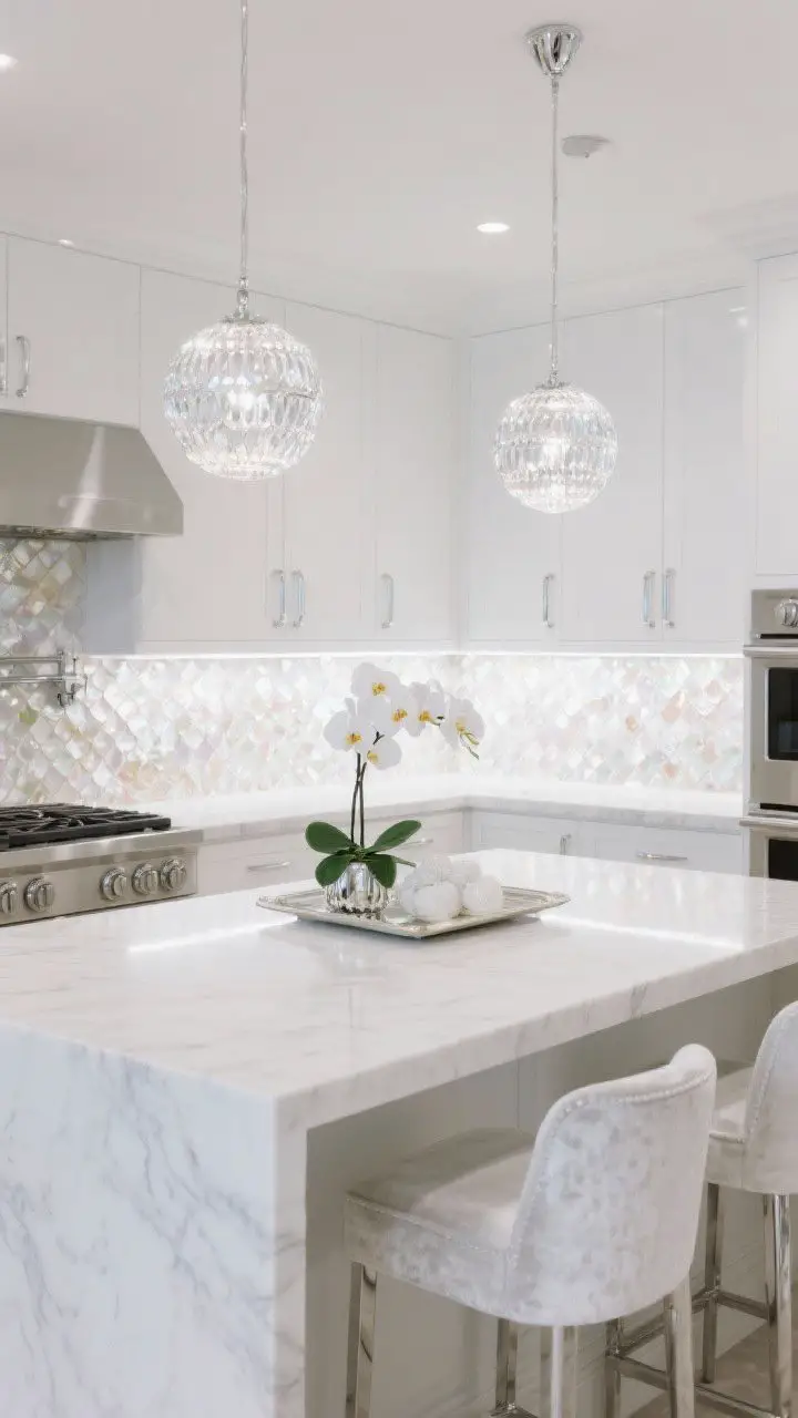 Photorealistic medium-wide glam monochrome kitchen, straight-on: luminous white mother-of-pearl shell mosaic backsplash glowing under under-cabinet lights, all-white cabinetry (high-gloss optional) with polished chrome or lucite hardware, pure white quartz waterfall island, crystal globe pendants above, velvet bar stools, mirrored tray with white orchids on the island; luxurious, softly shimmering ambiance.