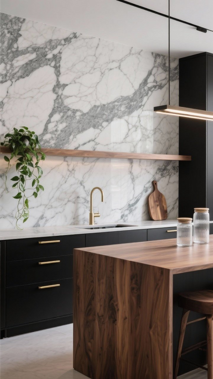 Photorealistic medium-wide hero shot of a dramatic full-height marble slab backsplash running counter to ceiling, with bold gray veining. Ink-black cabinets with slim brass pulls below, solid oak island in front for contrast. Sparse accessories: barely-there glass canisters and a sculptural cutting board. Include a single trailing pothos draped over a shelf. Gallery-like lighting with soft highlights on the veining.