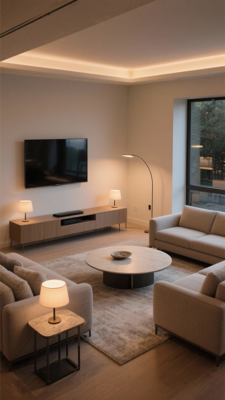 Photorealistic medium-wide living room in an L-shape layout: a longer sofa facing a wall-mounted TV and a second sofa placed perpendicular to it; a round coffee table centered within the L for easy circulation; a low-profile side table in the corner junction and a slim arc floor lamp; matching end tables with symmetrical table lamps on each arm to balance height; warm evening lighting with TV off; shot from a corner angle showing pathways and cozy media vibe