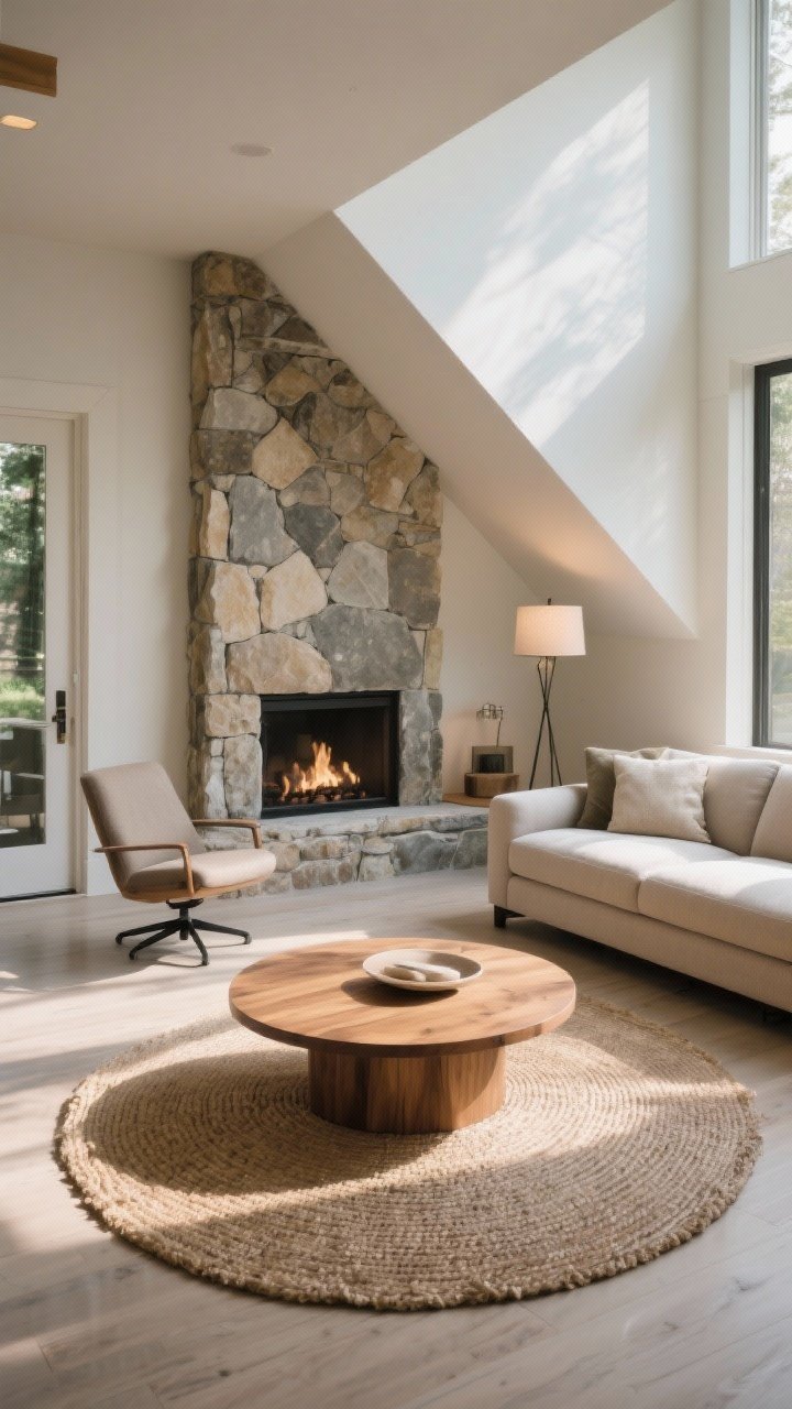 Photorealistic medium-wide living room using a diagonal layout: one sofa faces a stone fireplace as focal point, the second sofa angled 30–45 degrees; round jute rug and a round wood coffee table complementing the angles; a corner floor lamp fills the gap behind the angled sofa; a swivel chair nearby for flexible seating; soft, inviting afternoon light; shot from the room’s entrance showing dynamic angles and softened architecture