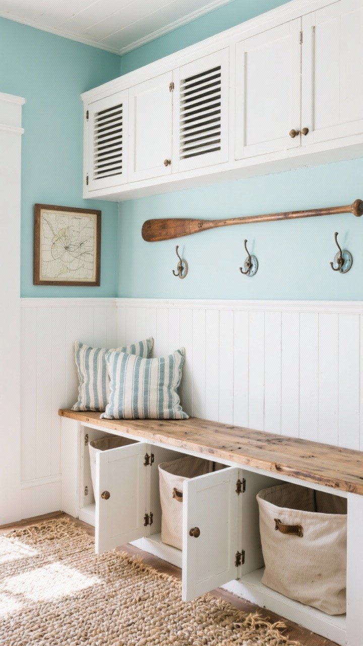 Photorealistic medium-wide mudroom in a coastal farmhouse style: pale sea glass blue walls with bright white beadboard, wall-to-wall Shaker cabinetry, rustic weathered oak bench. Below bench, three tilt-front cabinet faces open to reveal deep canvas-lined hamper compartments. Chunky oil-rubbed bronze pulls, woven seagrass rug, a distressed oar mounted on the wall, striped cushions, enamel wall hooks, framed nautical chart. Palette: sea glass, bright white, weathered oak, bronze. Hidden vent slats at back panels for airflow. Sunny, breezy light.
