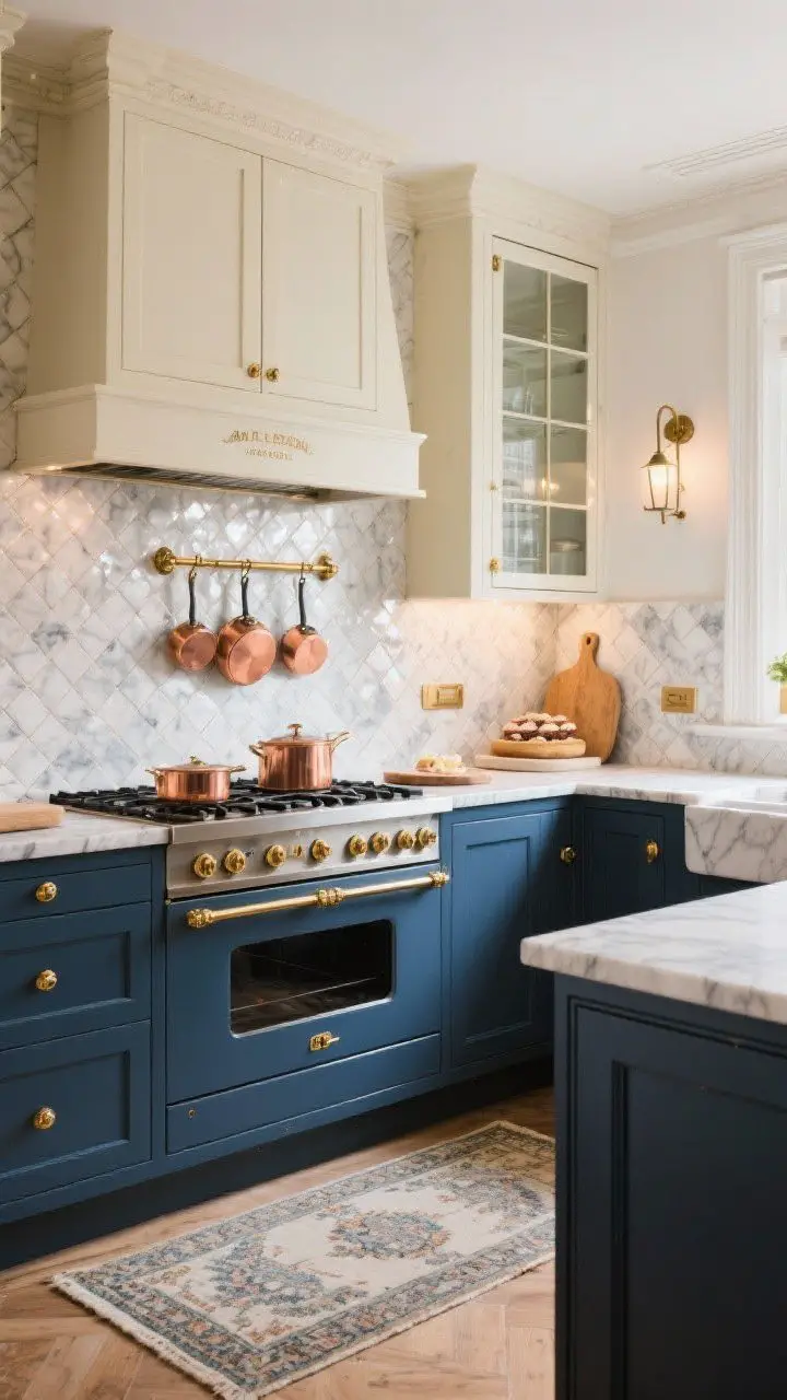 Photorealistic medium-wide Parisian bistro-inspired kitchen, angled view: white Carrara marble herringbone mosaic backsplash sparkling under soft warm lighting, ink-blue lower cabinets, creamy uppers with glass fronts, polished brass pot rail with copper pans, brass knobs and sconces, French range, marble pastry slab on counter, petite vintage rug on floor; chic, old-world charm.