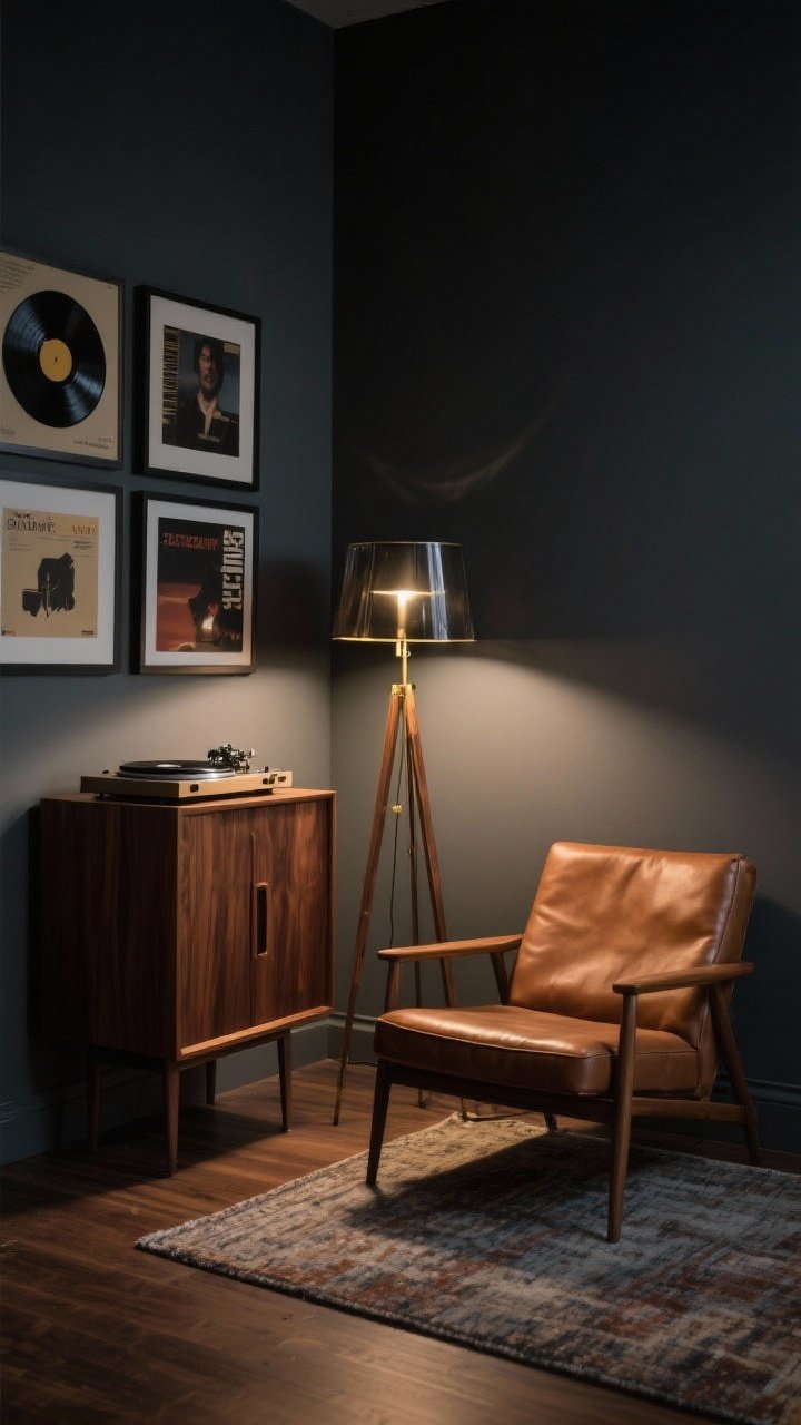 Photorealistic moody medium corner: a mid-century walnut record cabinet with turntable set up; a tobacco leather club chair angled toward the cabinet; a slim tripod floor lamp with smoked glass shade casting dusky ambient light; a vertical stack of framed album covers on the wall; a small rug anchoring the vignette and subtly dampening sound; walnut, cognac, charcoal, brass; analog, late-night lounge vibe with low, atmospheric lighting.
