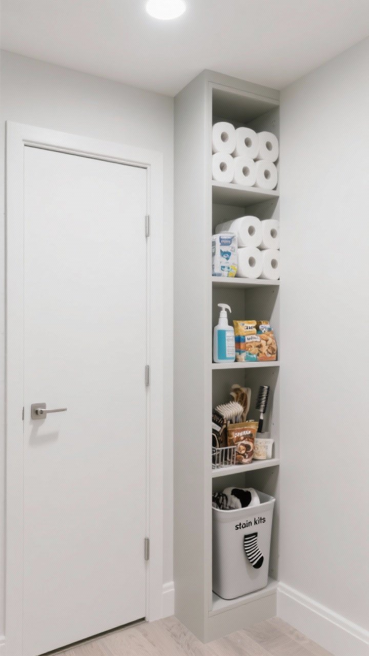 Photorealistic narrow corner view of a slim, vertical wall cabinet installed in an awkward alcove; door closed, painted to match the wall for a seamless custom look; simple modern hardware; next shot implied storage use: shelves inside hold bulk paper towels, cleaning backstock, pet treats and grooming tools, plus a bin labeled “stain kits” with single socks; cool white lighting keeping the space crisp and clutter-free.