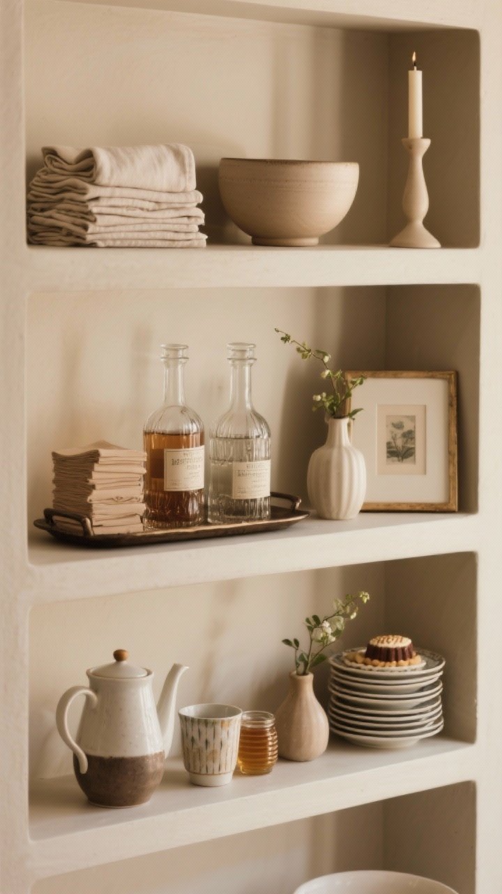 Photorealistic overhead and front-blended detail of mini vignettes on separate shelves. Vignette 1: stacked linen napkins, a round bowl, slender candlestick (soft and sculptural). Vignette 2: two decanters on a low tray with a stack of cocktail napkins (vintage bar). Vignette 3: teapot, two mismatched mugs, small honey jar (everyday tea). Vignette 4: small framed print, bud vase, stack of dessert plates (artful display). Repeat shapes—circles, cylinders, rectangles—without being matchy. Soft, warm lighting highlighting edges and shadows.