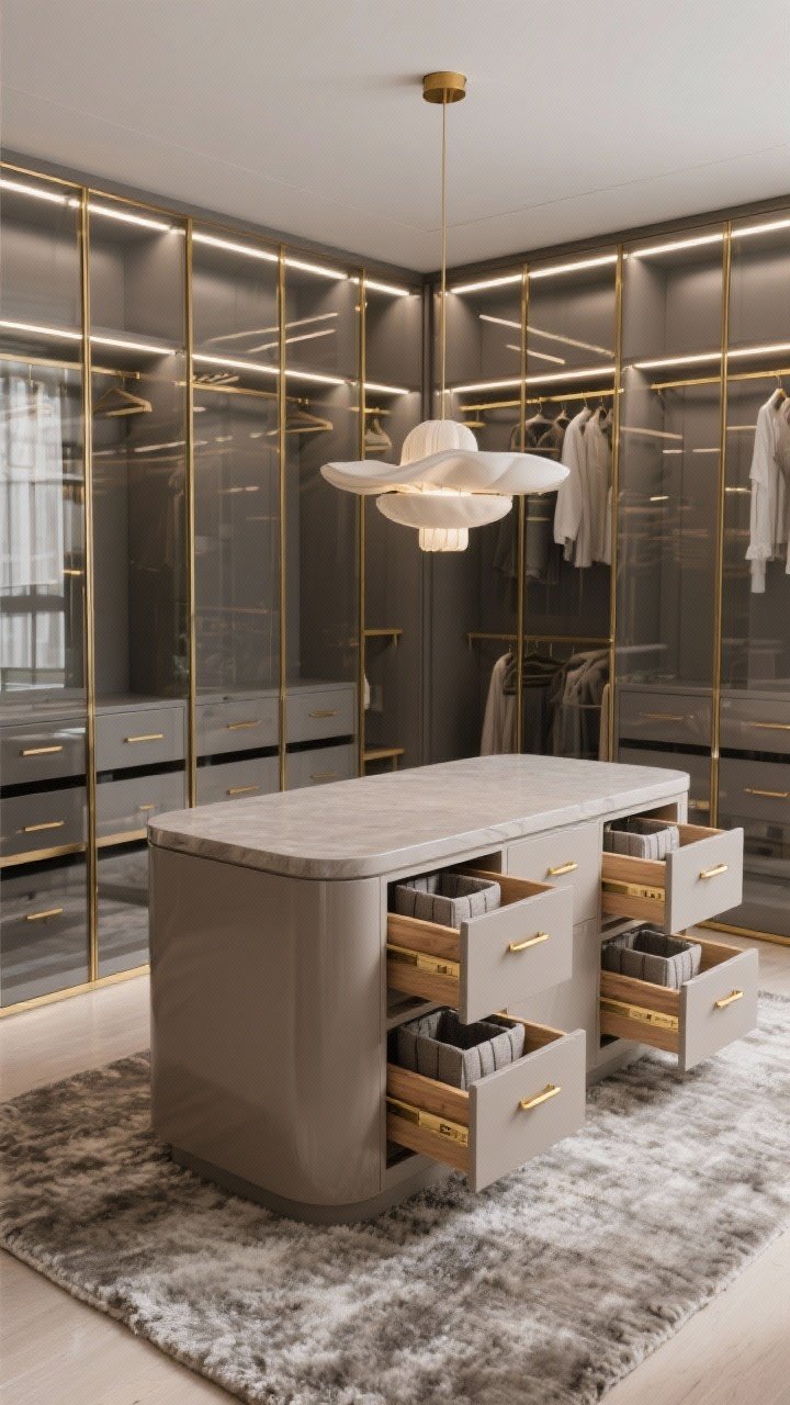 Photorealistic overhead/angled medium shot of a contemporary walk-in closet island: lacquered soft taupe island centered over a plush textured rug, perimeter brass-framed glass shelves for a boutique feel. Two island drawers open as hidden hamper compartments with fabric cubes and interior dividers; cedar lining visible. Slim champagne brass edge pulls keep the facade seamless. A smoked mirror wall reflects LED rail lighting; a sculptural statement pendant above. Palette: taupe, champagne brass, smoked mirror gray. Luxurious, clean lines.