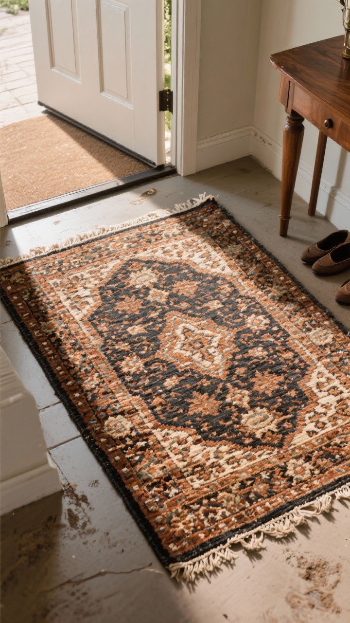 Photorealistic overhead detail of a hardworking entry rug: a flatweave, Persian-style patterned rug with rich, warm tones and subtle wear, placed to clear a door swing and visually anchor a wood console leg. Include a thin rug pad edge peeking for realism, slight shoe scuffing at the threshold, and natural light grazing the texture. Emphasize pattern that hides dirt and durability.