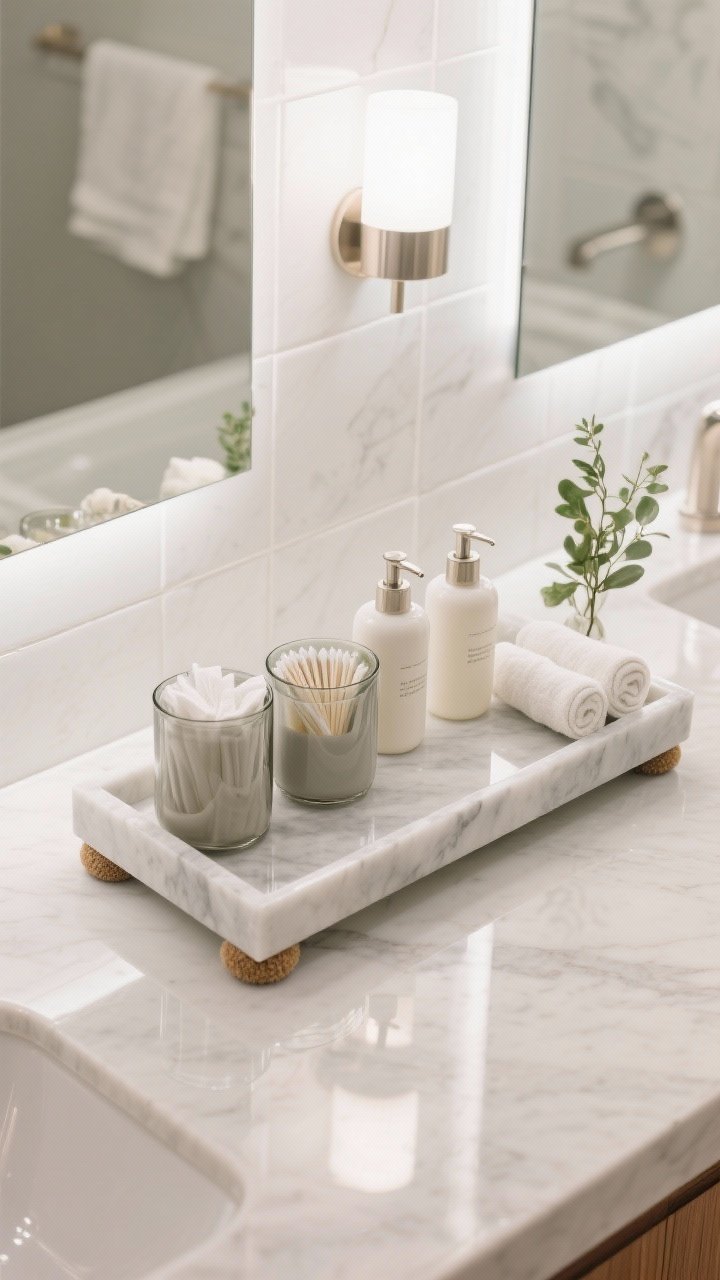 Photorealistic overhead detail of a spa-worthy bathroom counter tray; low, wide acrylic, stone, lacquer, or sealed wood tray with felt feet; neatly arranged glass or matte ceramic canisters for cotton pads and swabs, matching hand soap and lotion bottles, rolled mini towels, and a small greenery stem; bright, clean bathroom lighting with soft reflections on tile and stone, cohesive and curated look.