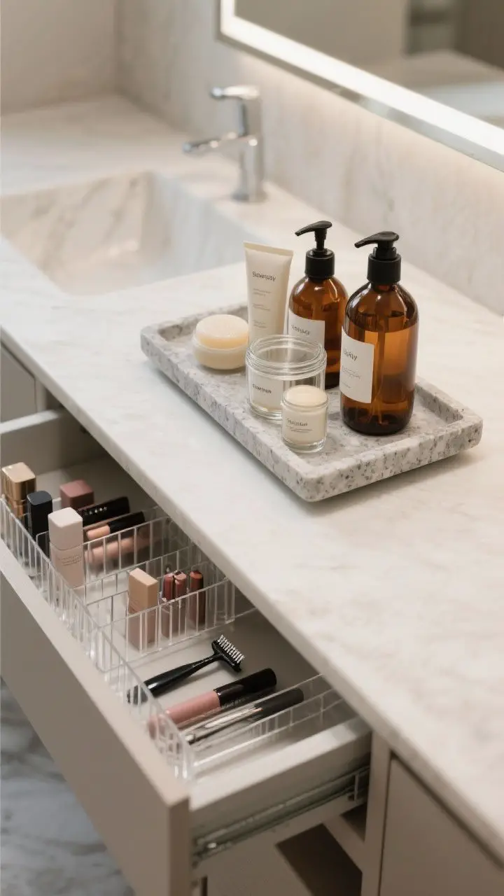 Photorealistic overhead detail shot of a decluttered vanity: a stone tray holding 3–5 essentials (soap pump, hand cream, daily skincare), labeled glass canisters, and matching amber pump bottles for shampoo/soap; open drawer below shows acrylic dividers organizing makeup and razors; minimal, calm composition with even, soft lighting