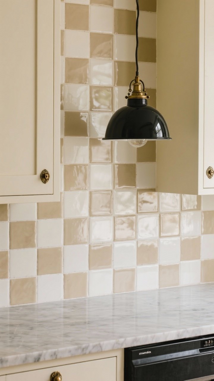 Photorealistic overhead detail shot of a section of checkerboard ceramic backsplash in cream and mushroom squares, meeting a soapstone countertop edge. Buttercream cabinetry with antique brass latches partially visible, and a lacquered black pendant casting a soft bistro glow reflected on the tile. Nostalgic, quietly chic mood.