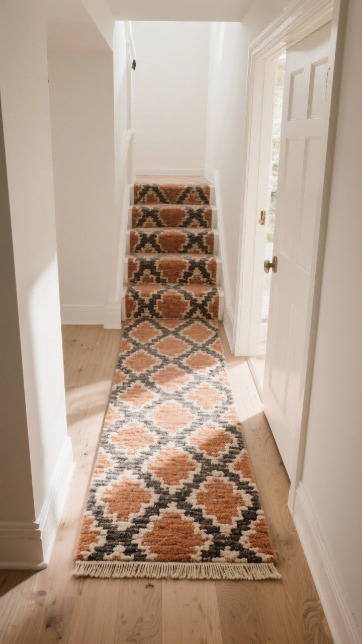 Photorealistic overhead/detail shot of a stair landing runner: low-pile, durable patterned rug in muted terracotta, charcoal, and cream tones to mask dirt; visible non-slip rug pad edge slightly revealed at a corner; nearby white door swinging freely to demonstrate clearance; warm daylight grazing the fibers, showing texture and tight weave on pale wood flooring.