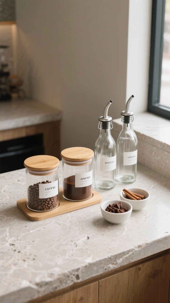 Photorealistic overhead detail shot of decanting essentials: airtight glass containers with bamboo lids labeled for beans and grounds, sleek clear glass syrup bottles with metal pour spouts and minimalist labels, and two small pinch bowls holding cinnamon and cocoa. Neutral stone counter, tidy layout, crisp natural light from one side, minimal fonts on labels for a clean, barista-organized look.