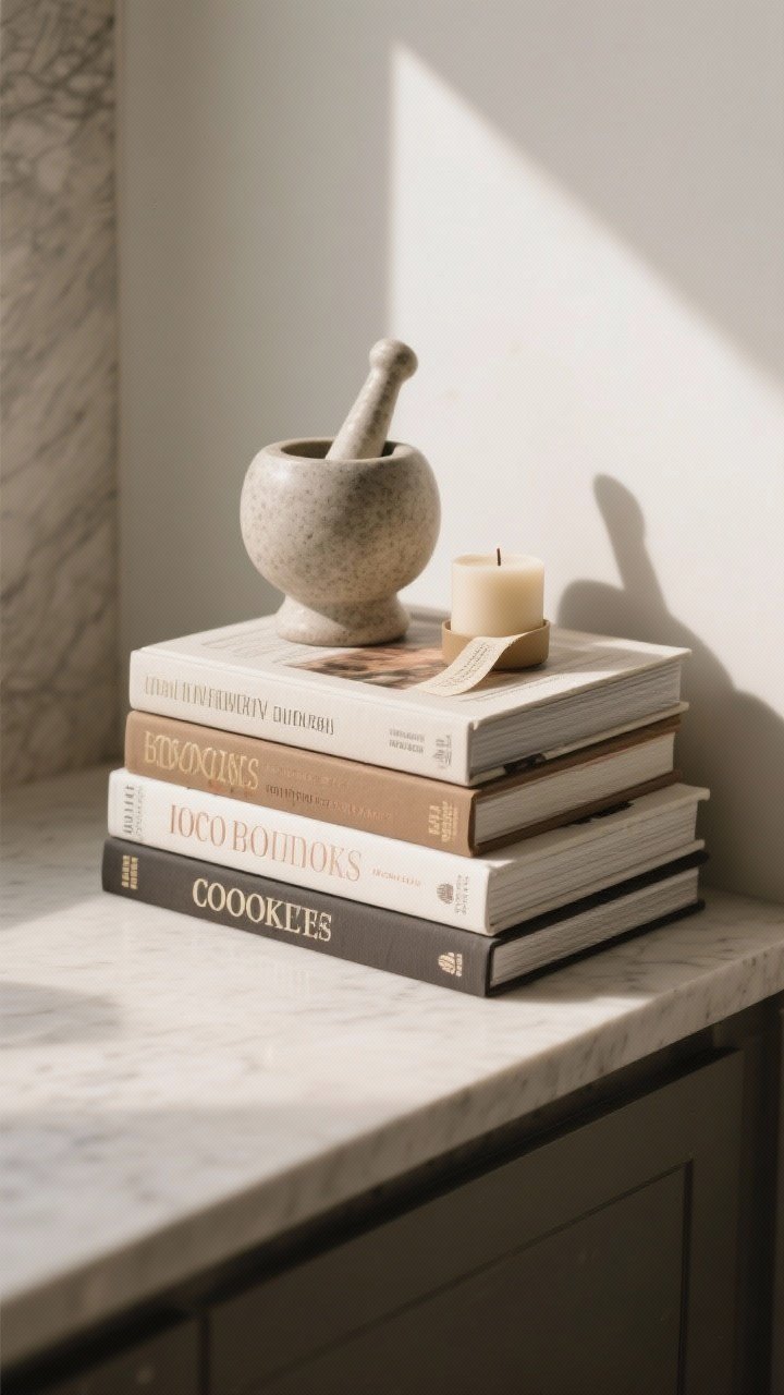 Photorealistic overhead detail shot of stacked cookbooks with personality in a counter corner: 3–5 cookbooks mixed in height, spines kept within a coordinated tone family for calm visual rhythm. On top, a small sculptural object such as a stoneware vase, a mortar and pestle, or a candle. Include a ribbon bookmark or page holder tucked into a frequently used book. Natural light raking across textured book spines, subtle shadows, neutral countertop.