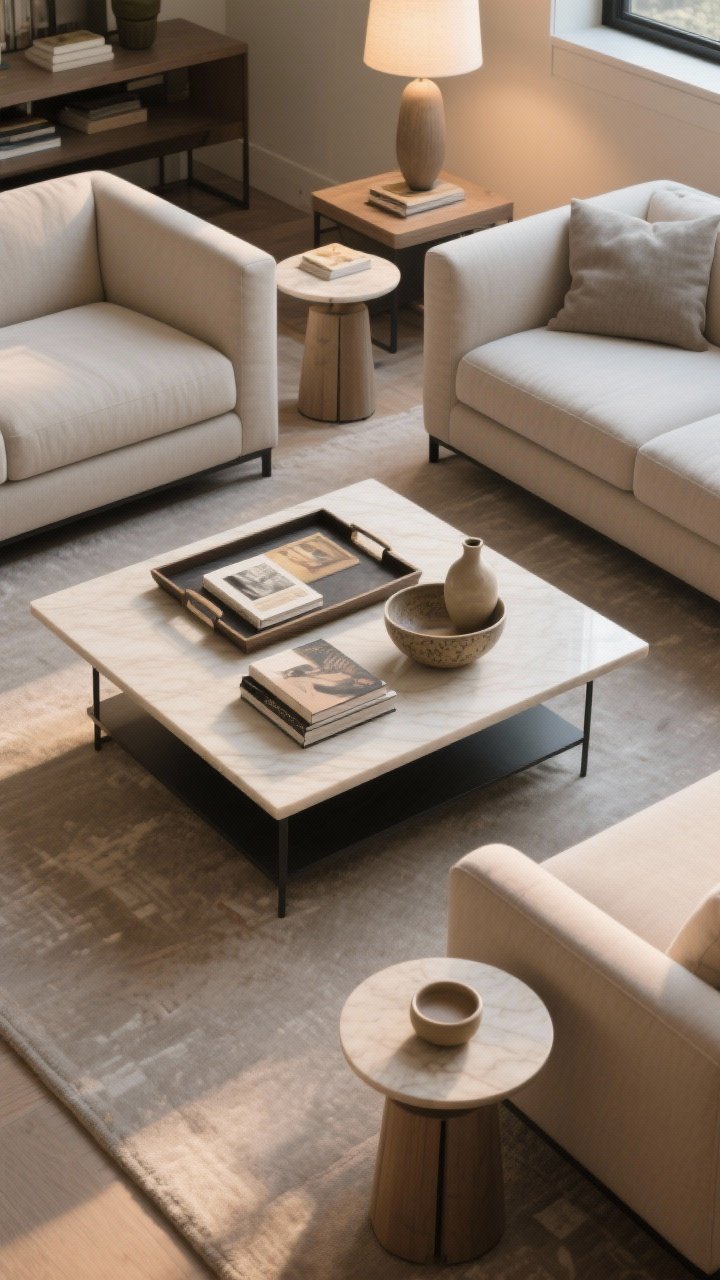 Photorealistic overhead detail shot of the coffee table and sidekicks between two sofas: a central coffee table roughly two-thirds the length of the longer couch and sitting 1–2 inches lower than seat height; styled with an oversized tray, art books, ceramic bowl, and a small vase; alternative view includes two nesting tables tucked nearby for flexibility; side tables within reach of every seat (2–3 feet), heights within 2 inches of sofa arms; mix of round side tables to soften boxy lines; warm ambient lighting