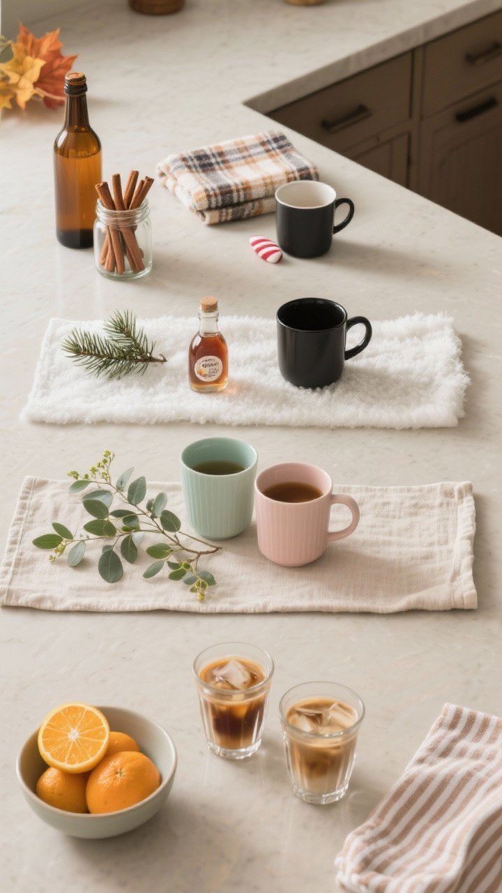 Photorealistic overhead seasonal flat lay across a neutral coffee bar base: four quadrants showing swaps—Fall with amber bottles, cinnamon sticks in a small jar, plaid towel; Winter with peppermint syrup, mini pine sprig, matte black mugs; Spring with pastel mugs, fresh eucalyptus, light linen runner; Summer with clear iced coffee glasses, a bowl of citrus, striped towel. Even, soft lighting emphasizing color changes.