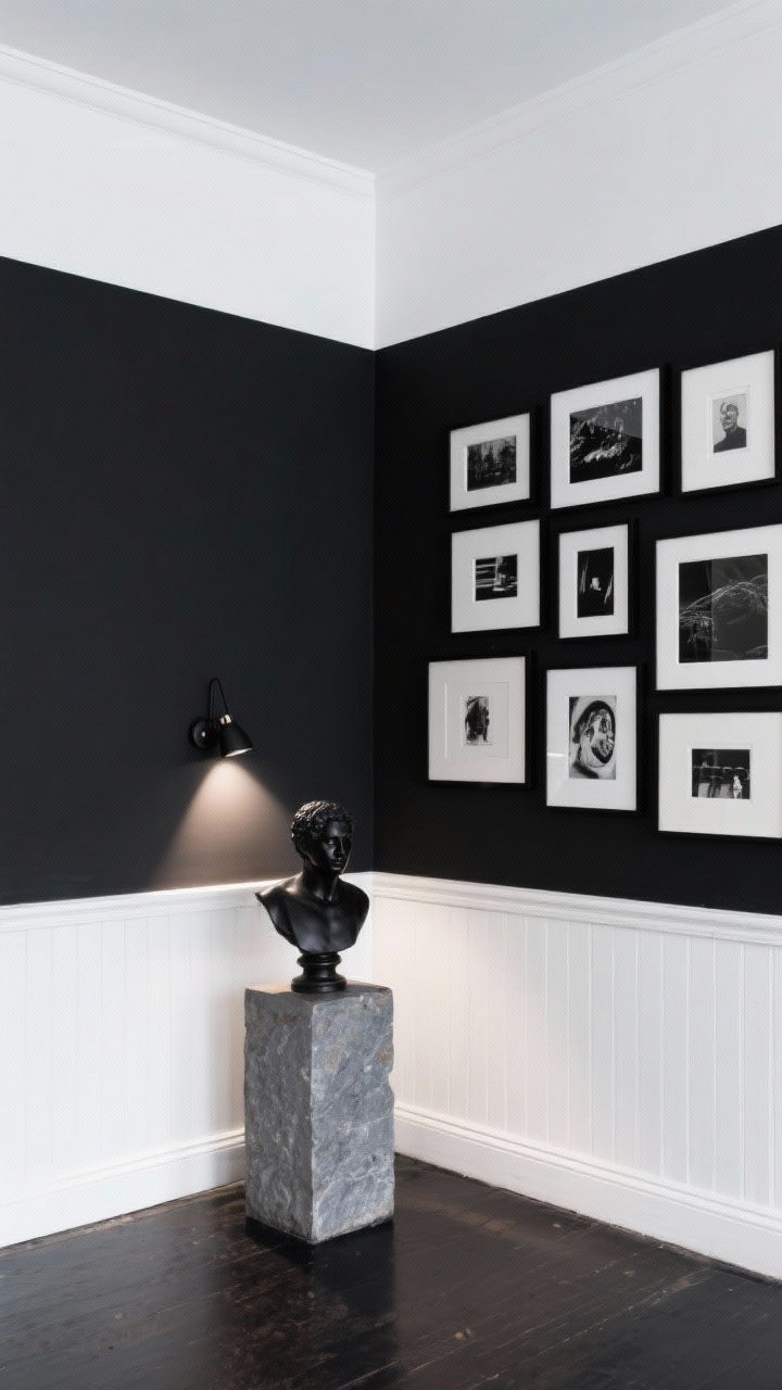 Photorealistic straight-on art corner: walls painted deep charcoal up to two-thirds height with crisp white above (modern wainscot effect); a tight cluster of black-and-white frames in varied sizes arranged within the charcoal zone; a square stone plinth on the floor supporting a single striking sculpture—matte black bust; a small adjustable sconce aimed as a spotlight for museum vibes; monochrome palette of charcoal, white, black; urban, editorial, art-forward mood.