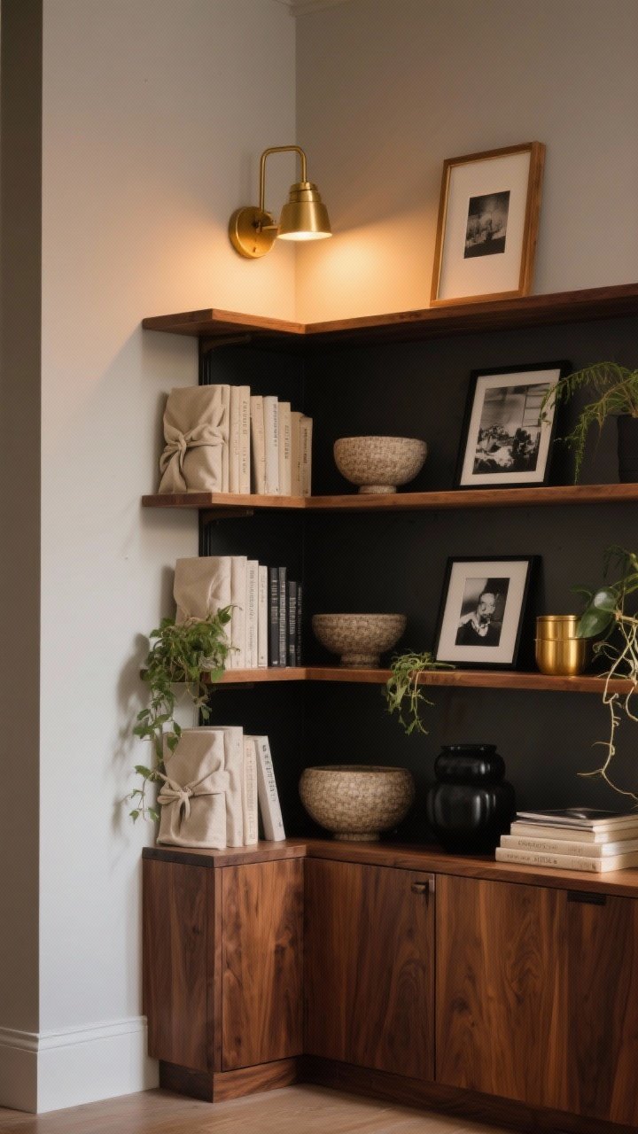 Photorealistic straight-on corner view: a slim tall corner bookshelf with closed lower cabinets in walnut wood; a small brass picture light mounted at the top washing shelves in warm glow; styled shelves with linen-wrapped books, textured bowls, black-and-white framed photos, and a few trailing plants; brass and black accents, tight restrained palette; collected, warm, quietly luxe mood; evening lighting focused on the brass light’s wash.