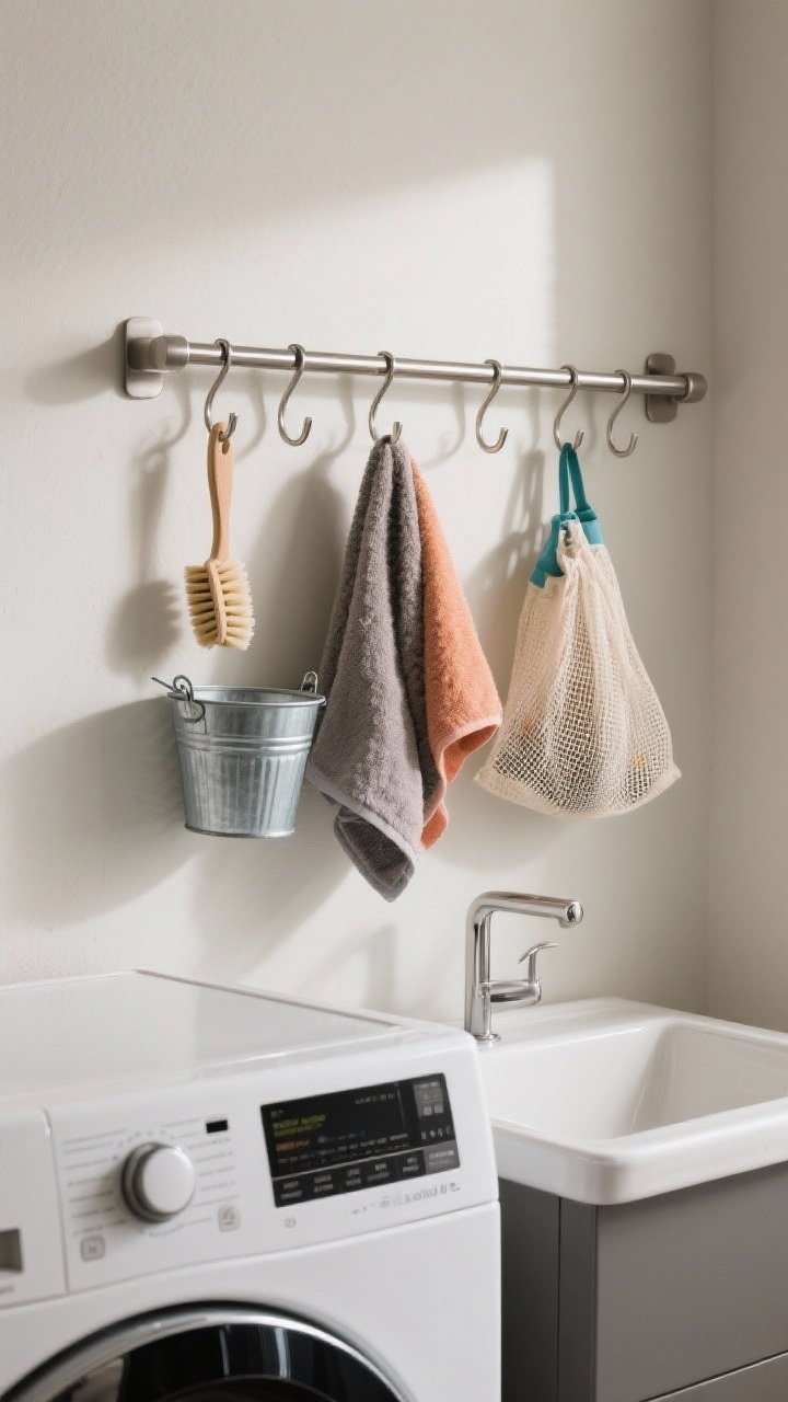 Photorealistic straight-on detail/medium shot of a beautiful utility rail system above a washer/dryer: a brushed metal rail with matching S-hooks holding color-coordinated scrub brushes, towels, a small galvanized mini bucket, and mesh bags; vertical storage feels curated; neutral wall, subtle shadowing; placed next to a small sink for easy access; balanced, editorial styling with modular spacing of hooks.