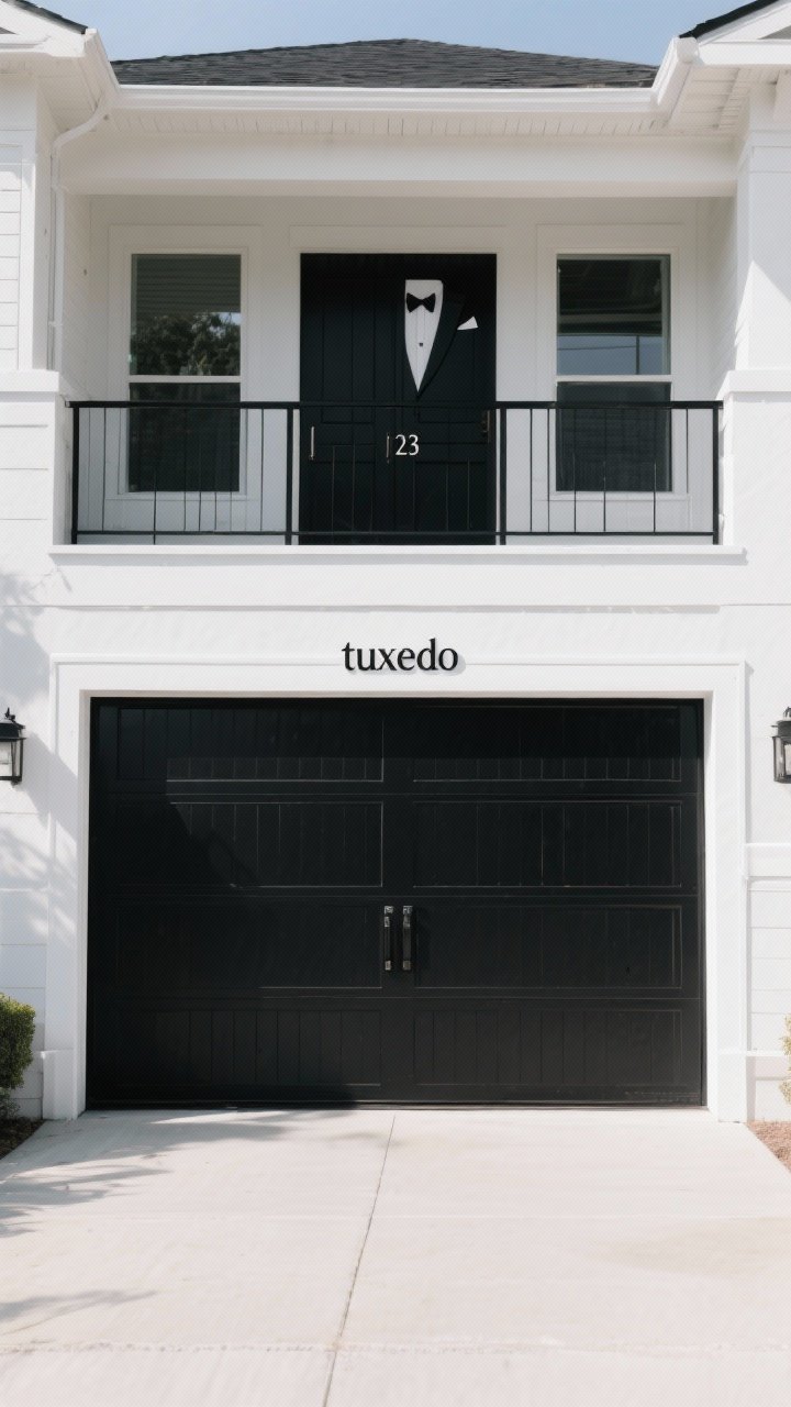 Photorealistic straight-on exterior shot of a black garage door framed by crisp white trim: high-contrast “tuxedo” effect, semi-gloss black door with UV-resistant paint; repeat black on railings and house numbers; clean, sharp lines under bright but even daylight; scuff-hiding finish, modern-traditional crossover.