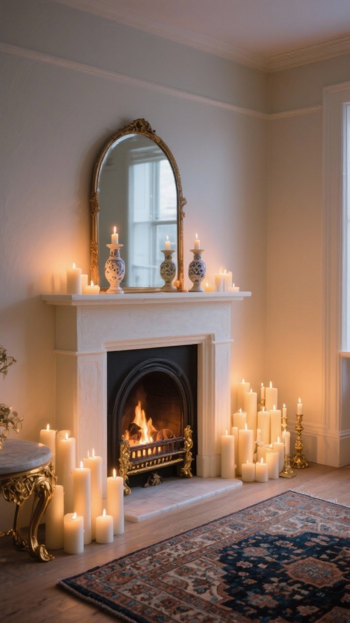 Photorealistic straight-on faux fireplace corner: a shallow freestanding mantel surround painted to match cream-putty walls; interior filled with a clustered arrangement of pillar candles and a few battery-powered tapers for safe warm glow; on the mantel, an arched mirror reflecting light and a pair of ceramic candlesticks; a small kilim rug placed in front to define the hearth; antique gold accents; romantic, cozy, fireside-without-the-fire mood at dusk.