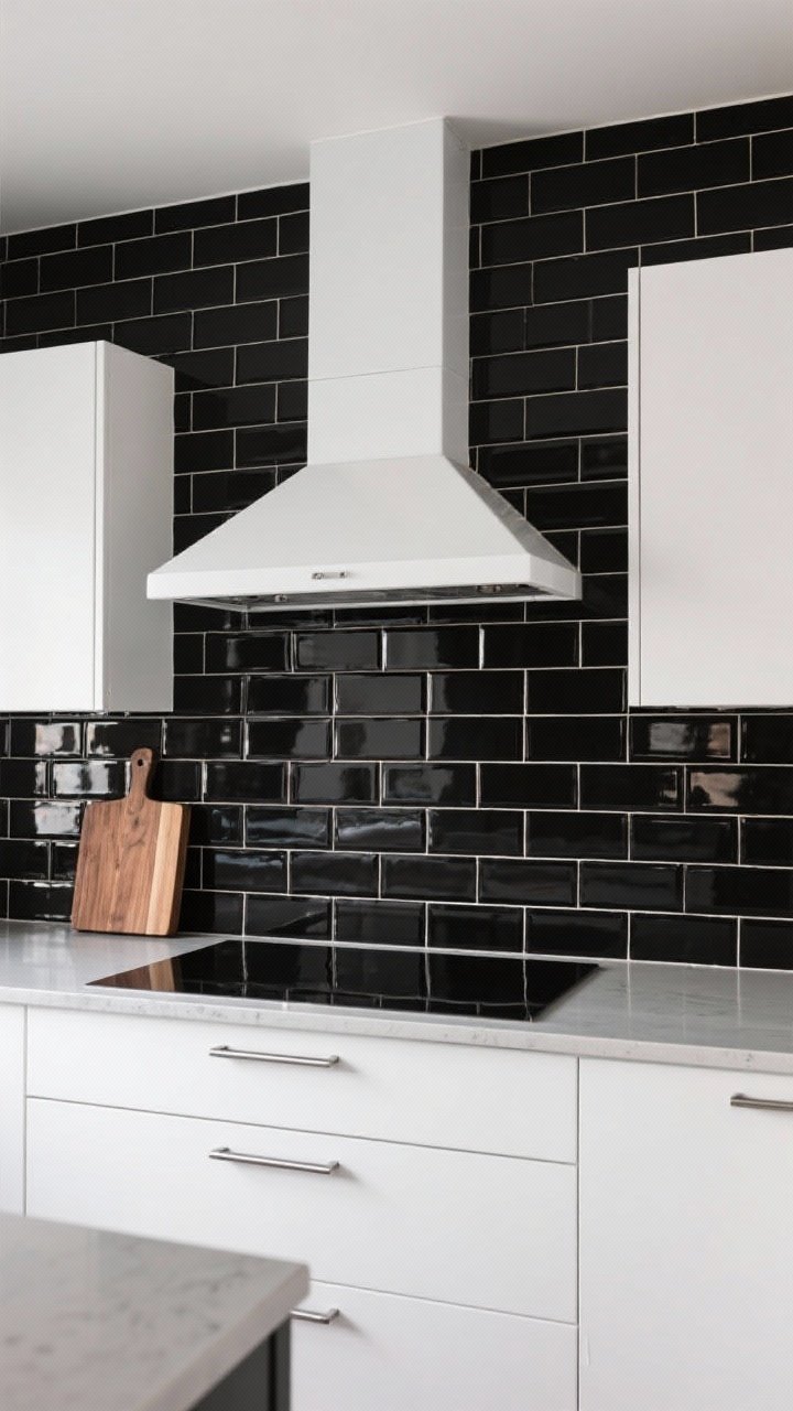 Photorealistic straight-on medium shot of 3x12 glossy black subway tiles in a stacked bond pattern, reflecting light for a dramatic effect. Crisp white flat-panel cabinets, thin-edge stainless counters, linear bar pulls. A statement matte white range hood centered for sharp contrast. Add a single walnut cutting board leaning against the wall. Contemporary, high-contrast lighting.