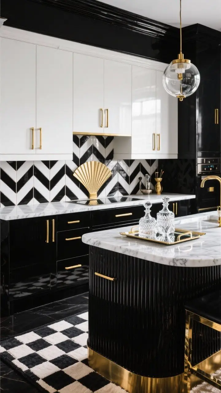 Photorealistic straight-on medium shot of a black-and-white Art Deco glam kitchen: glossy black lower cabinets, white uppers, chevron/fan-patterned tile backsplash in black, white, and gold; brass bar pulls, globe pendants overhead, marble-look countertop; fluted-front island with brass foot rail; a mirrored tray with cut-crystal decanters at a cocktail corner; geometric rug underfoot; dramatic, high-contrast lighting with subtle reflections