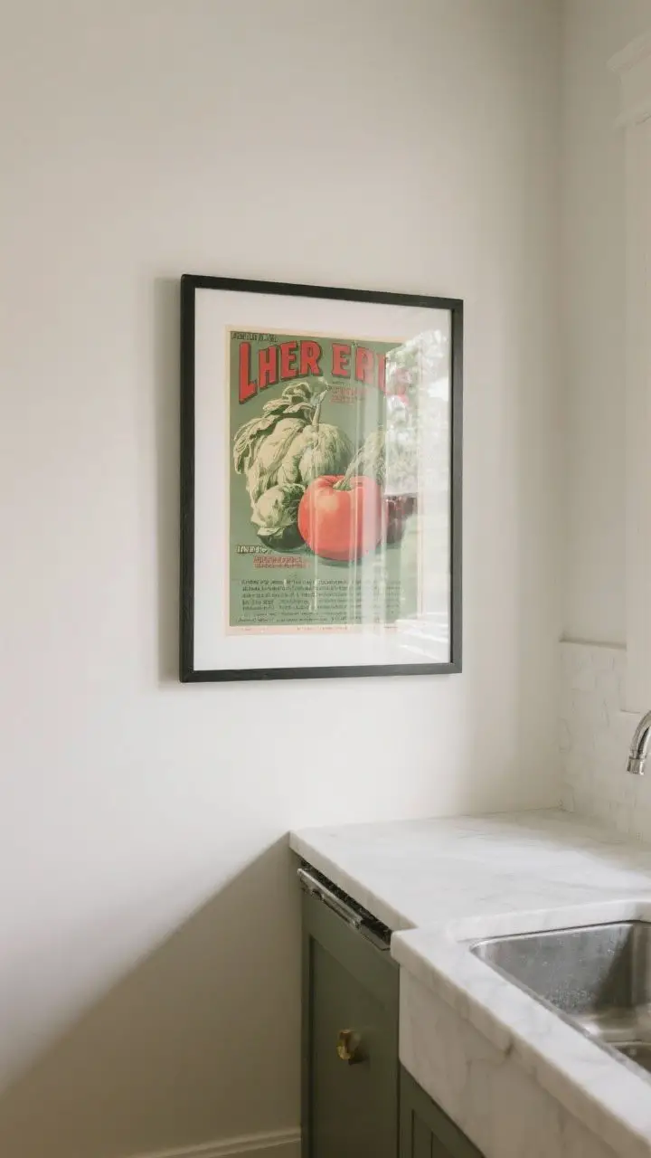Photorealistic straight-on medium shot of a blank kitchen wall featuring one oversized framed artwork: a vintage produce poster with bold yet refined typography. Frame under glass to handle moisture near the sink. Scale is two-thirds the width of the console below. Palette in muted greens and reds, minimalist surroundings to avoid visual clutter. Soft ambient daylight with subtle reflection on the glass.