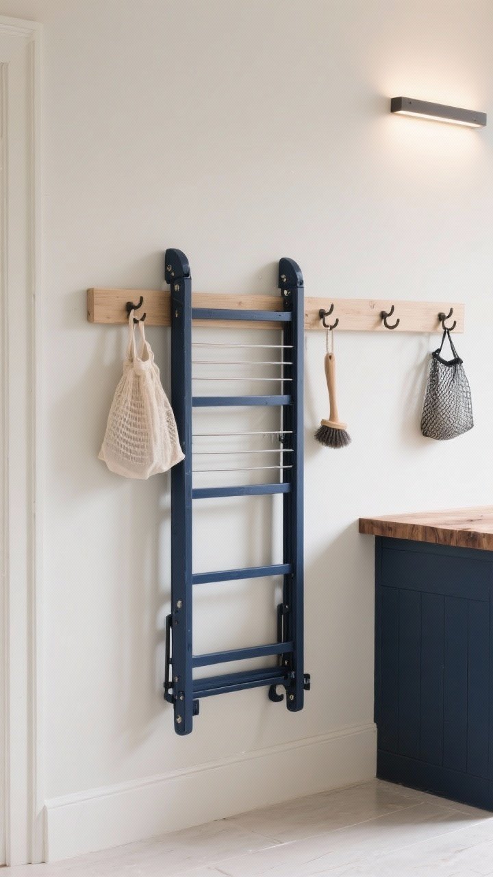 Photorealistic straight-on medium shot of a fold-down drying rack wall: a ladder-style frame that folds flat, painted in a contrasting color (deep navy) against a light wall; shaker peg rails on the sides with mesh bags and a lint brush hanging from hooks; mounted above a butcher-block console to catch drips; subtle task lighting from above; clean floors, minimal decor, showcasing the graphic look of the contrasting rack.
