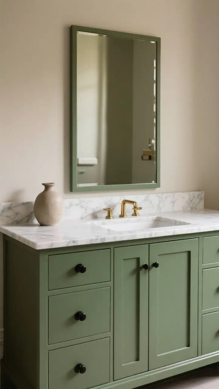 Photorealistic straight-on medium shot of a painted bathroom vanity in muted olive or forest green with a satin or semi-gloss enamel finish. Brass or matte black hardware on drawers and doors, paired with a white quartz or veined marble countertop. Subtle reflections showing durability of the finish. Neutral backdrop, soft warm lighting, and a minimal vase for scale—focus on the vanity’s color and hardware contrast.
