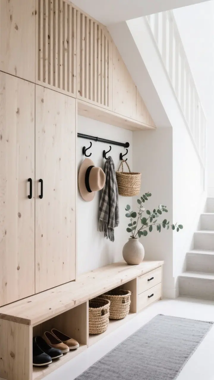 Photorealistic straight-on medium shot of a Scandinavian-inspired mudroom under stairs: pale ash cabinetry with slatted doors and black finger pulls, floating solid-wood bench, hidden drawers for shoes, matte-black wall-mounted hooks, woven baskets for hats and scarves, a narrow muted-gray runner, eucalyptus branch in a simple ceramic vase; bright, natural light; airy, minimal Scandi vibe; no people.