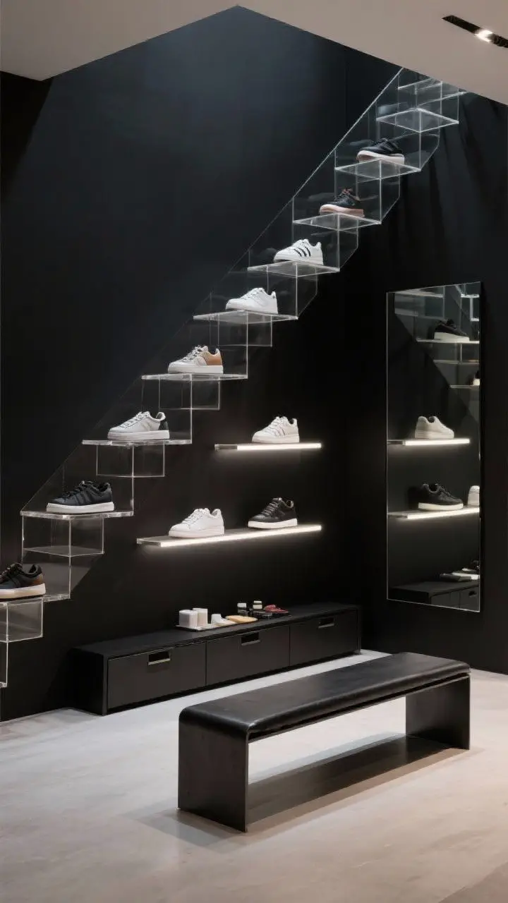 Photorealistic straight-on medium shot of a shoe gallery under stairs: floating acrylic shelves echoing the stair angle, each shelf edged with subtle LEDs highlighting sneakers, matte black backdrop for high contrast, a single low drawer for care kits, narrow bench in blackened steel, frameless mirror to the side for try-on checks; sleek, museum-like display lighting.