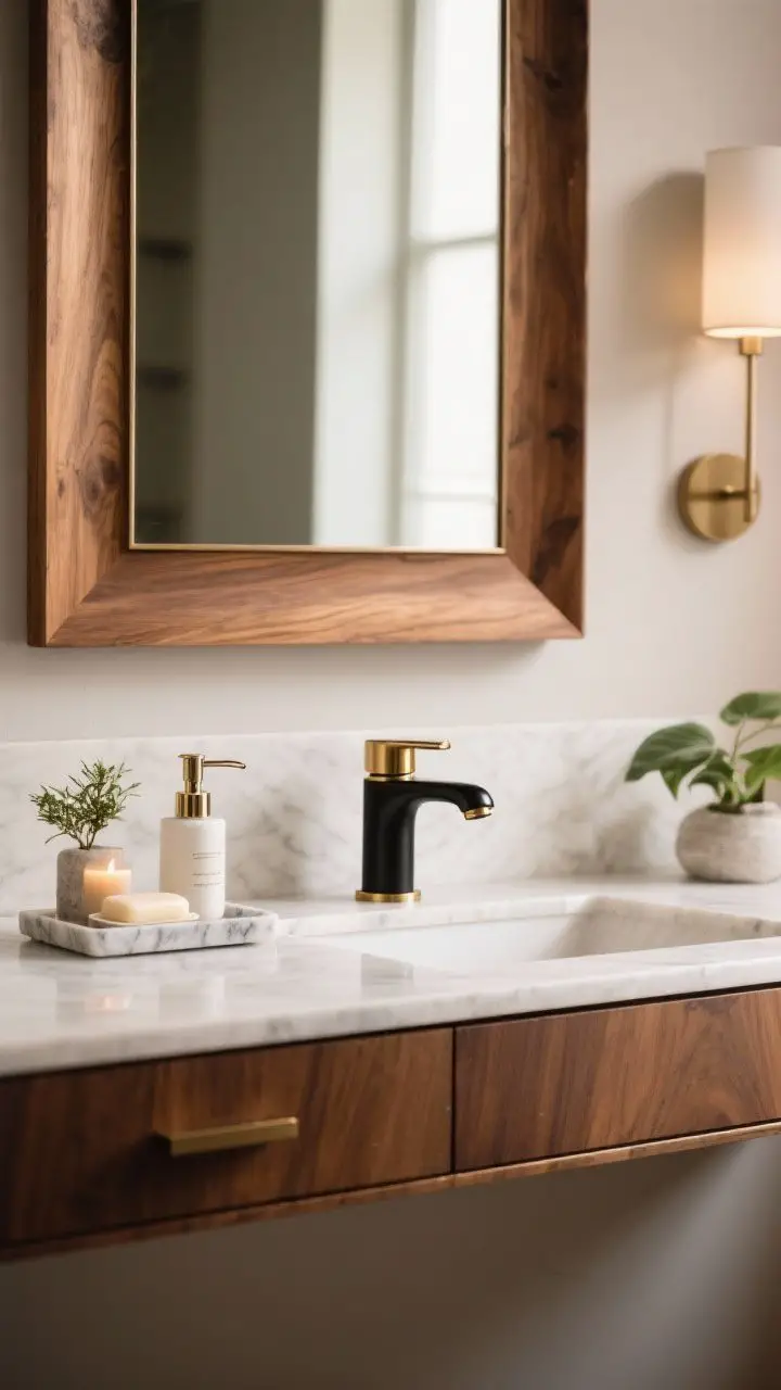 Photorealistic straight-on medium shot of a styled vanity like a boutique hotel: framed mirror in warm wood or brushed brass, single-handle sleek faucet in a single committed finish (matte black/brass/nickel), and a small marble tray with a beautiful soap pump, lotion, and a petite plant or candle; clean lines, warm lighting, refined details