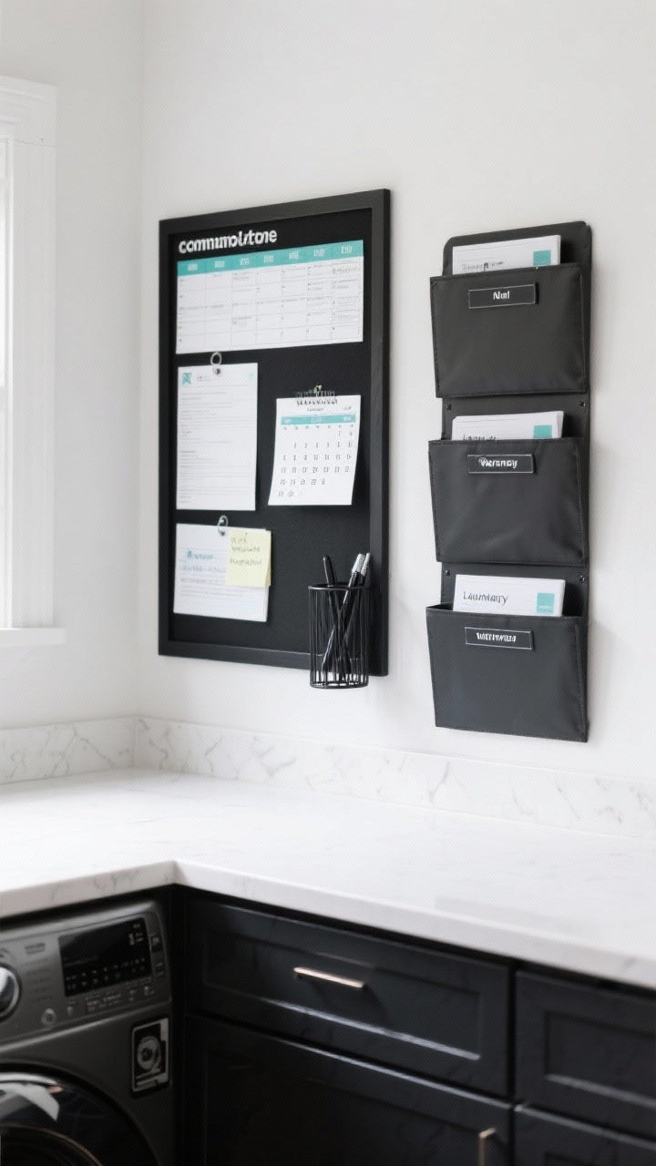 Photorealistic straight-on medium shot of a stylish wall command center in a laundry room: black-framed magnetic board with neatly arranged schedules and notes, a small matching calendar, a black metal pen cup, and slim wall-mounted file pockets labeled for mail, warranties, and laundry instructions; cohesive black, white, and one accent color (muted teal); uncluttered counter below; bright, organized look.