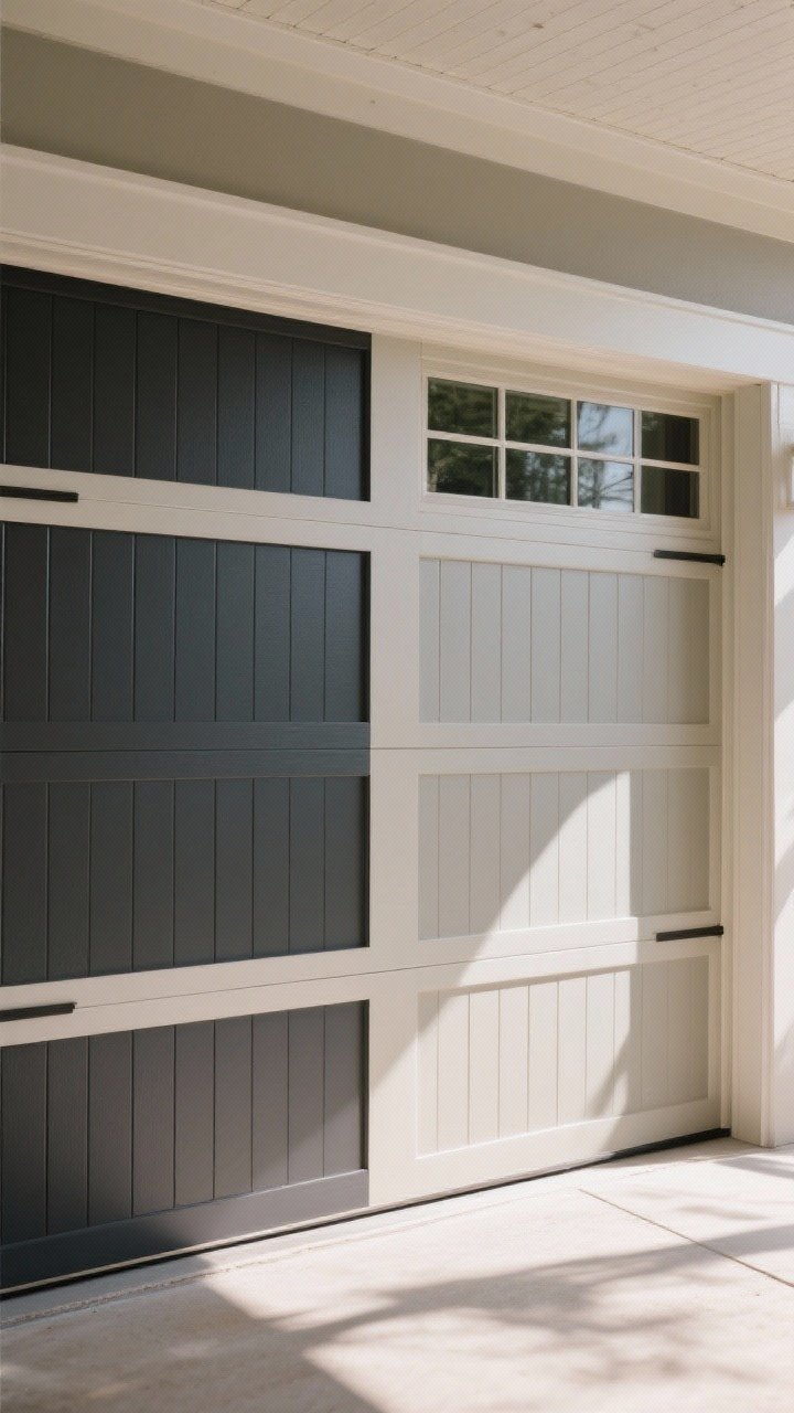 Photorealistic straight-on medium shot of a two-tone paneled garage door: darker base color for main panels and a slightly lighter shade (within 2–3 steps) for rails and stiles; crisp taped lines with small angled-brush precision; optional third accent on window muntins; natural daylight to emphasize dimensional, custom look on a budget.