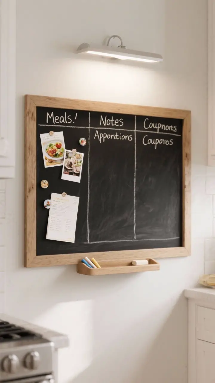 Photorealistic straight-on medium shot of a wall-mounted command center: a framed black chalkboard with clean wood frame, divided into zones labeled Meals, Notes, Appointments, and Coupons. Magnetic feature visible with a few recipe cards and photos attached by small magnets. Chalk handwriting neat, a tiny tray for chalk and eraser below. Bright yet diffused kitchen light.