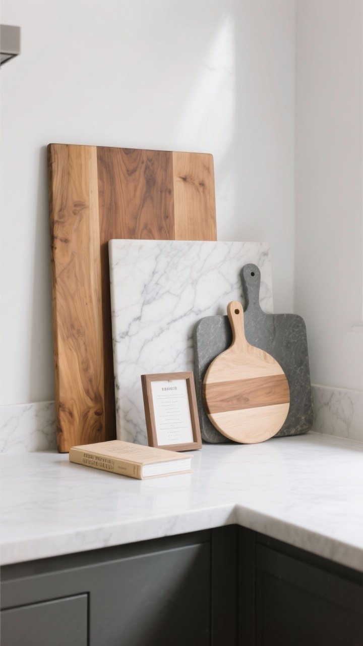 Photorealistic straight-on medium shot of layered cutting boards styled like art in a kitchen counter corner: mix a large rectangular warm wood board at the back, a marble slab with subtle veining, a matte stone board, and a round paddle-handled board in front, varying heights and sizes for depth. Lean a slim cookbook or a small framed recipe card in front for personality. Keep to 3–5 pieces total. Clean white wall, subtle shadows, soft daylight, textures of wood grain, cool marble, and matte stone clearly visible.