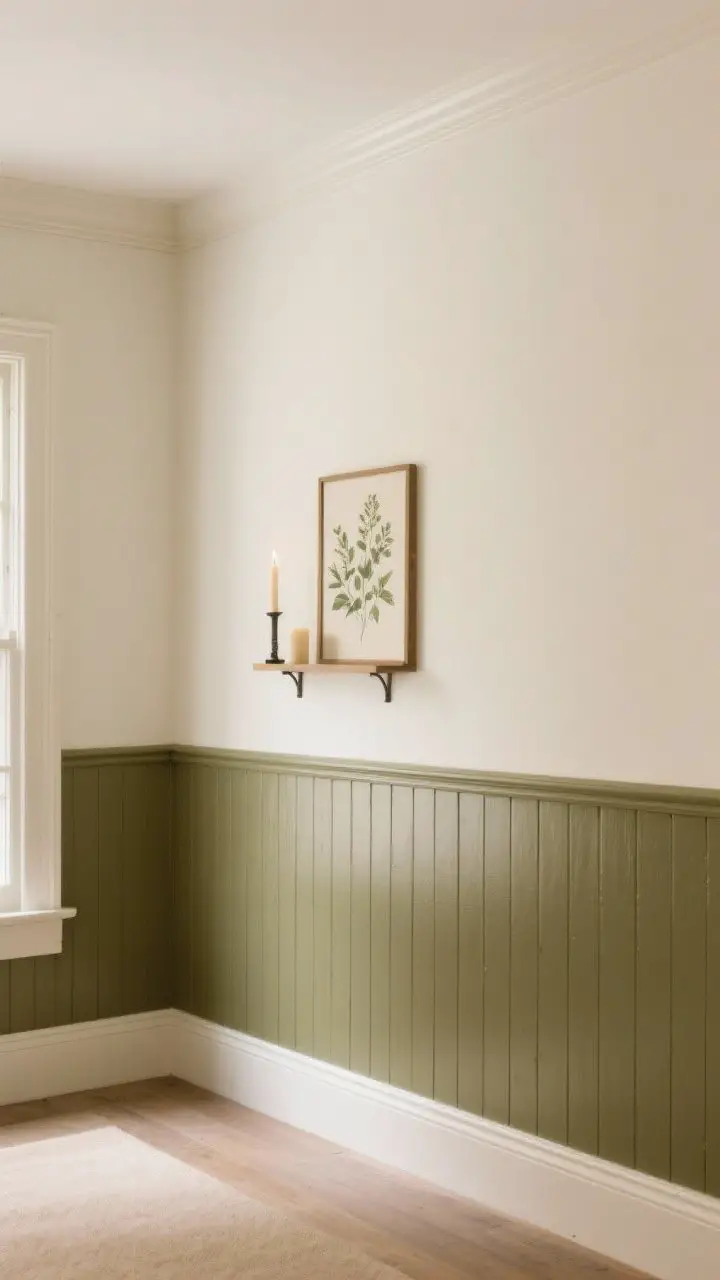 Photorealistic straight-on medium shot of two-tone walls: olive beadboard wainscoting (36–48 inches high) on the bottom with a slightly higher sheen, and white or cream paint on top. A slim ledge/chair rail caps the wainscoting and holds botanical art and a candle. Gentle, warm light accentuates the paneling detail; clean lines and airy balance.